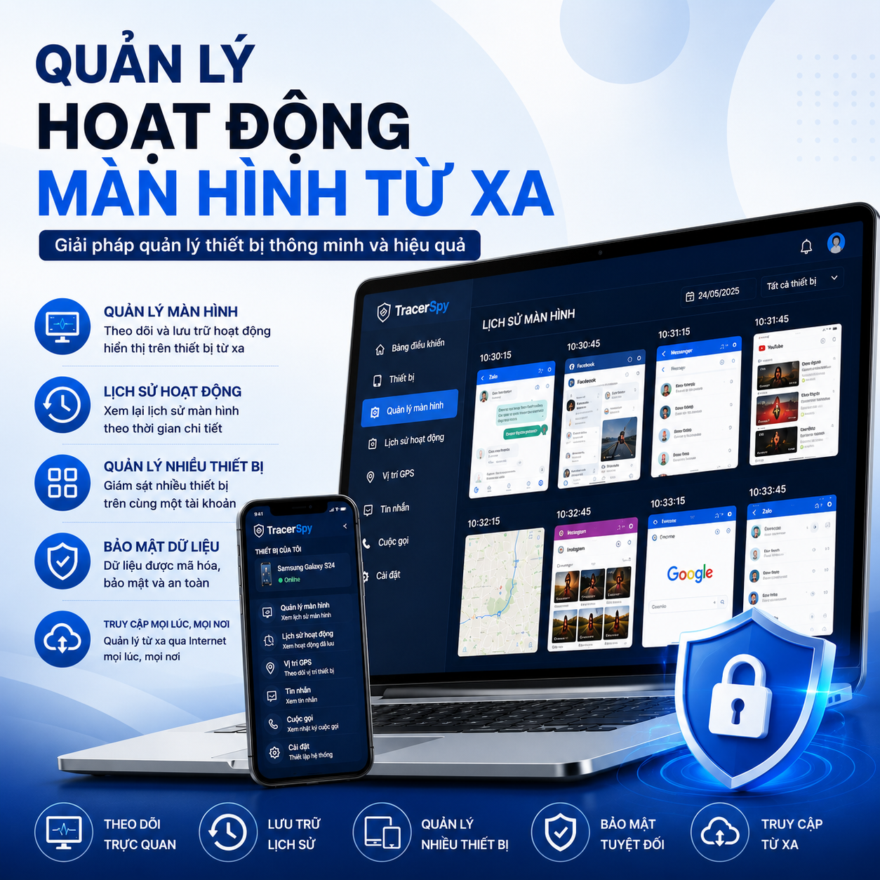 Quản lý hoạt động màn hình từ xa với TracerSpy giúp quản lý thiết bị, lưu trữ lịch sử màn hình và truy cập dữ liệu an toàn.
