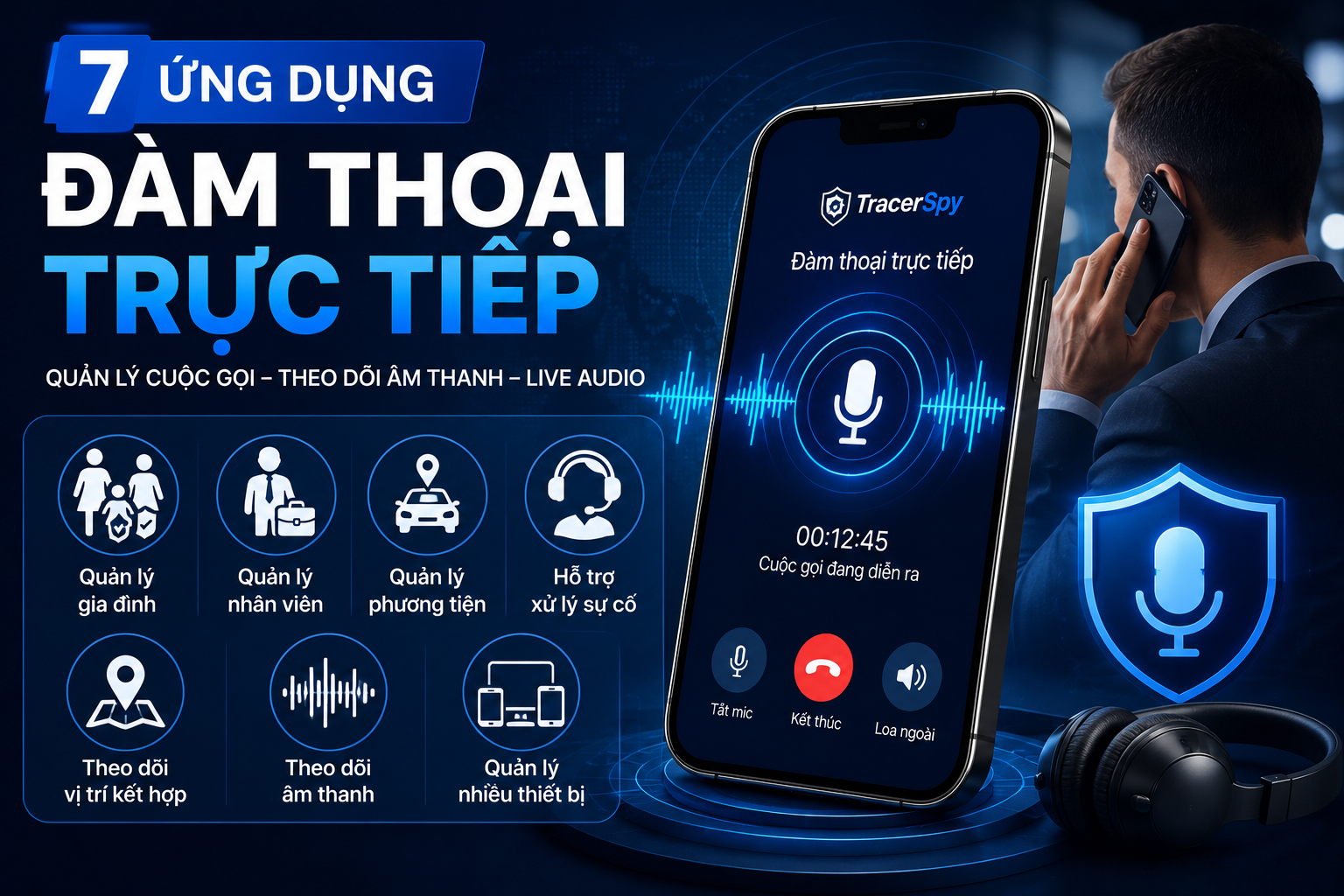 Ứng dụng đàm thoại trực tiếp với TracerSpy hỗ trợ quản lý cuộc gọi, theo dõi âm thanh và Live Audio trên thiết bị từ xa.