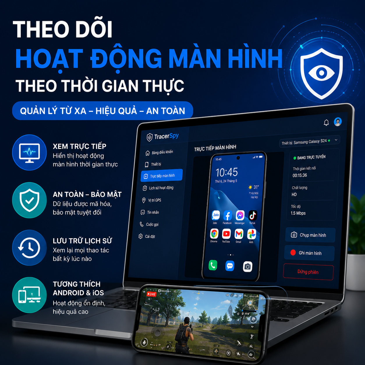 Theo dõi hoạt động màn hình theo thời gian thực giúp quản lý thiết bị từ xa an toàn và hiệu quả.