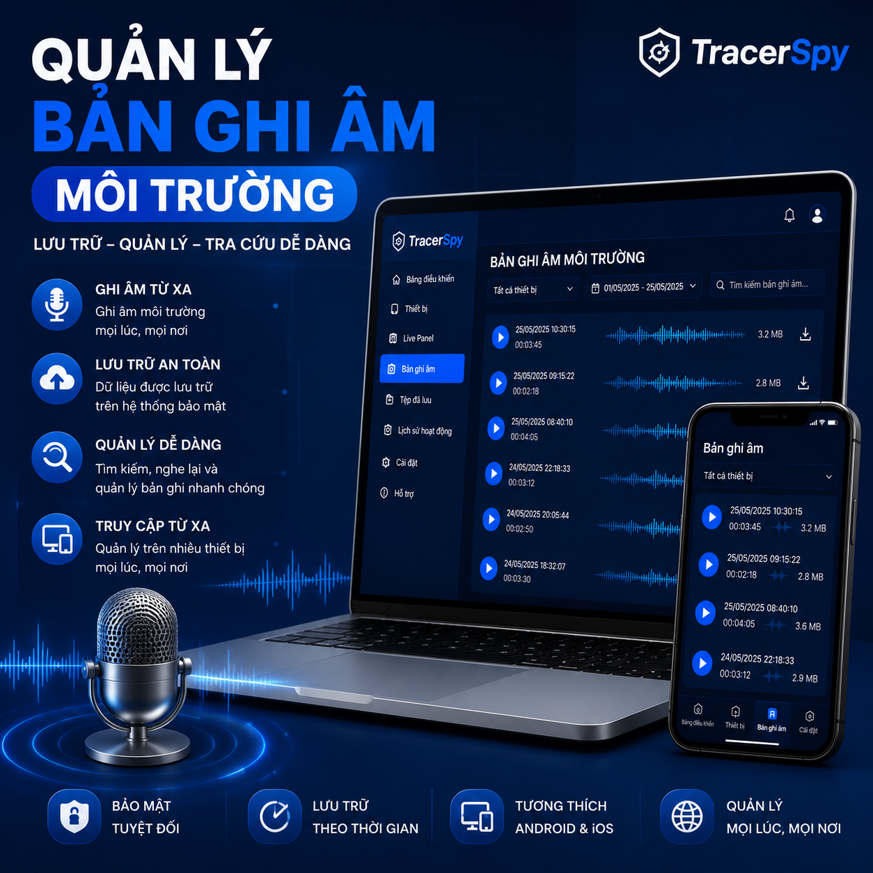Quản lý bản ghi âm môi trường với TracerSpy giúp lưu trữ, quản lý và tra cứu dữ liệu âm thanh từ xa an toàn.