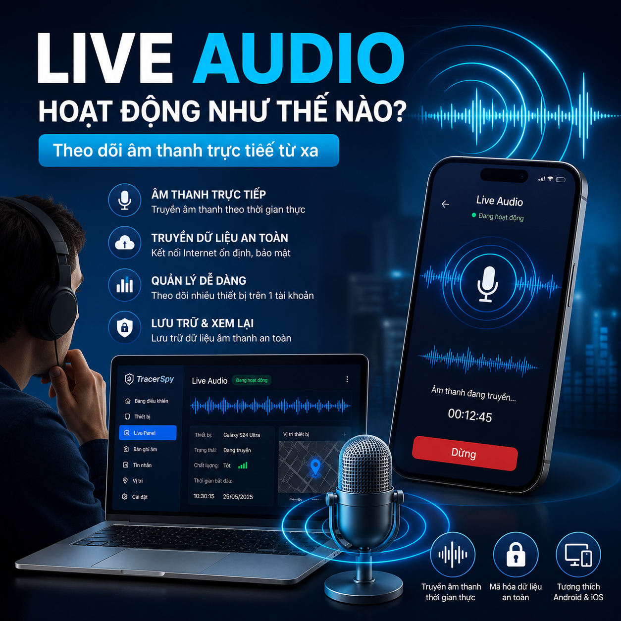 Live Audio hoạt động như thế nào với TracerSpy, hỗ trợ theo dõi âm thanh trực tiếp và quản lý dữ liệu âm thanh từ xa.
