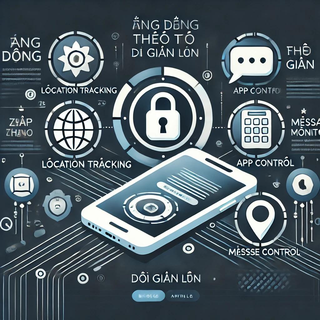Hình đại diện bài viết Ứng dụng theo dõi điện thoại-thể hiện ứng dụng theo dõi gian lận trên điện thoại với biểu tượng định vị, tin nhắn, khóa bảo mật và giao diện giống Zalo.