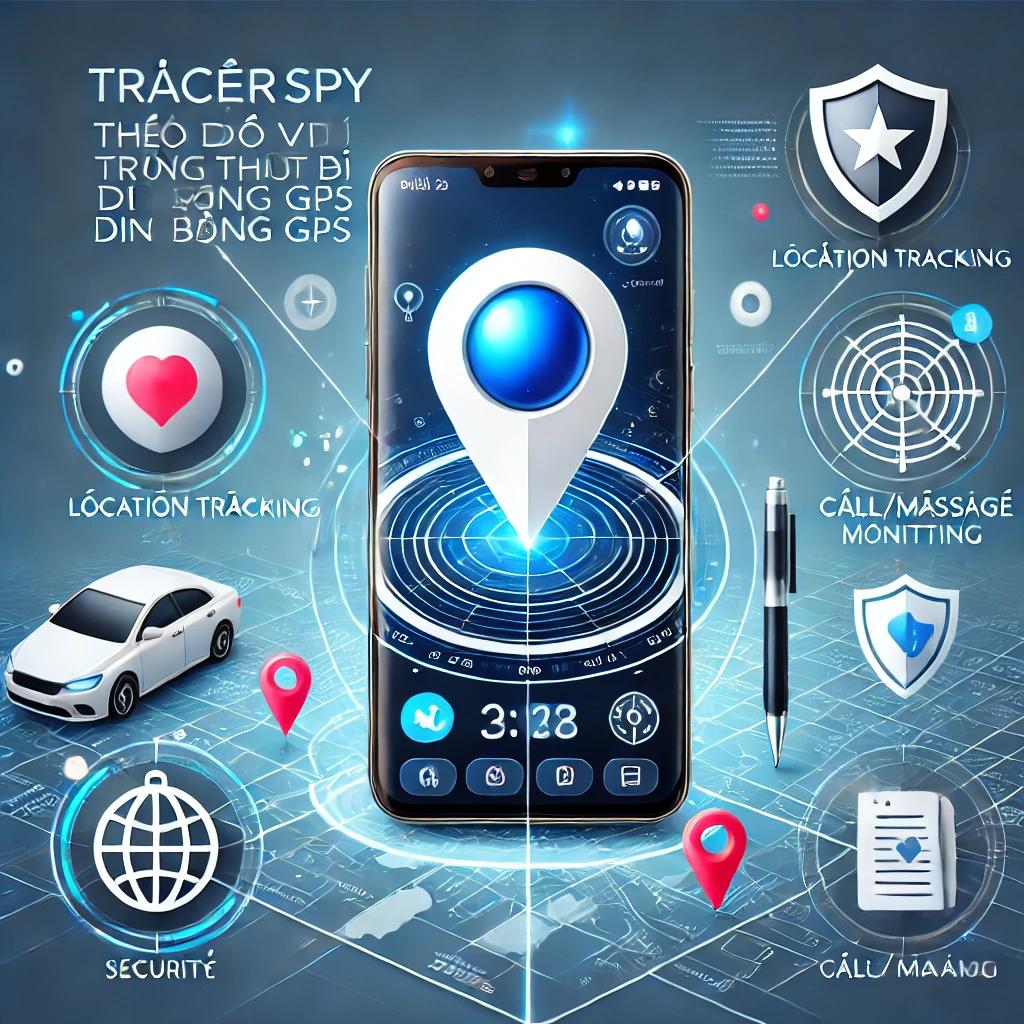 Tracerspy theo dõi vị trí thiết bị di động bằng GPS, hiển thị smartphone, bản đồ số, biểu tượng định vị, giám sát từ xa và bảo mật thiết bị.