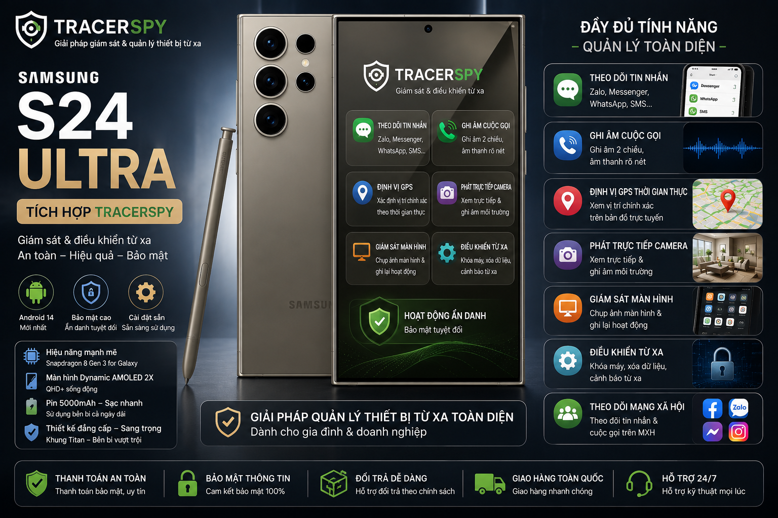 Samsung Galaxy S24 Ultra tích hợp TracerSpy hỗ trợ theo dõi GPS, cuộc gọi, tin nhắn và điều khiển thiết bị từ xa.