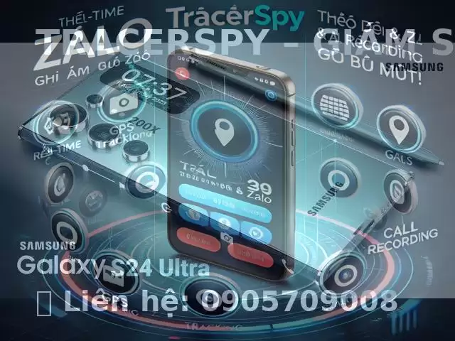 Hình ảnh Samsung Galaxy S24 Ultra tích hợp giao diện Tracerspy, hiển thị các tính năng theo dõi thời gian thực như định vị GPS, ghi âm cuộc gọi, giám sát tin nhắn Zalo, Facebook Messenger, WhatsApp. Hình ảnh có hiệu ứng cyber-tech hiện đại, kết hợp với giao diện kỹ thuật số, các biểu tượng công nghệ nổi bật và hệ thống điều khiển từ xa. Nổi bật thương hiệu 'TRACERSPY – Giám Sát Thời Gian Thực' và số điện thoại liên hệ 0905709008.