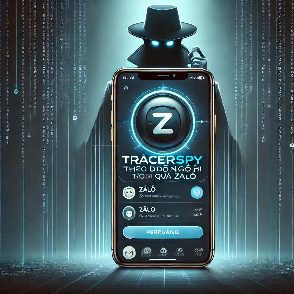 TracerSpy - Giải pháp theo dõi ngoại tình qua Zalo, hình minh họa điện thoại với ứng dụng chat cùng biểu tượng lớn giống Zalo và một bóng người bí ẩn quan sát trong nền tối, tượng trưng cho sự giám sát bí mật và công nghệ hiện đại.