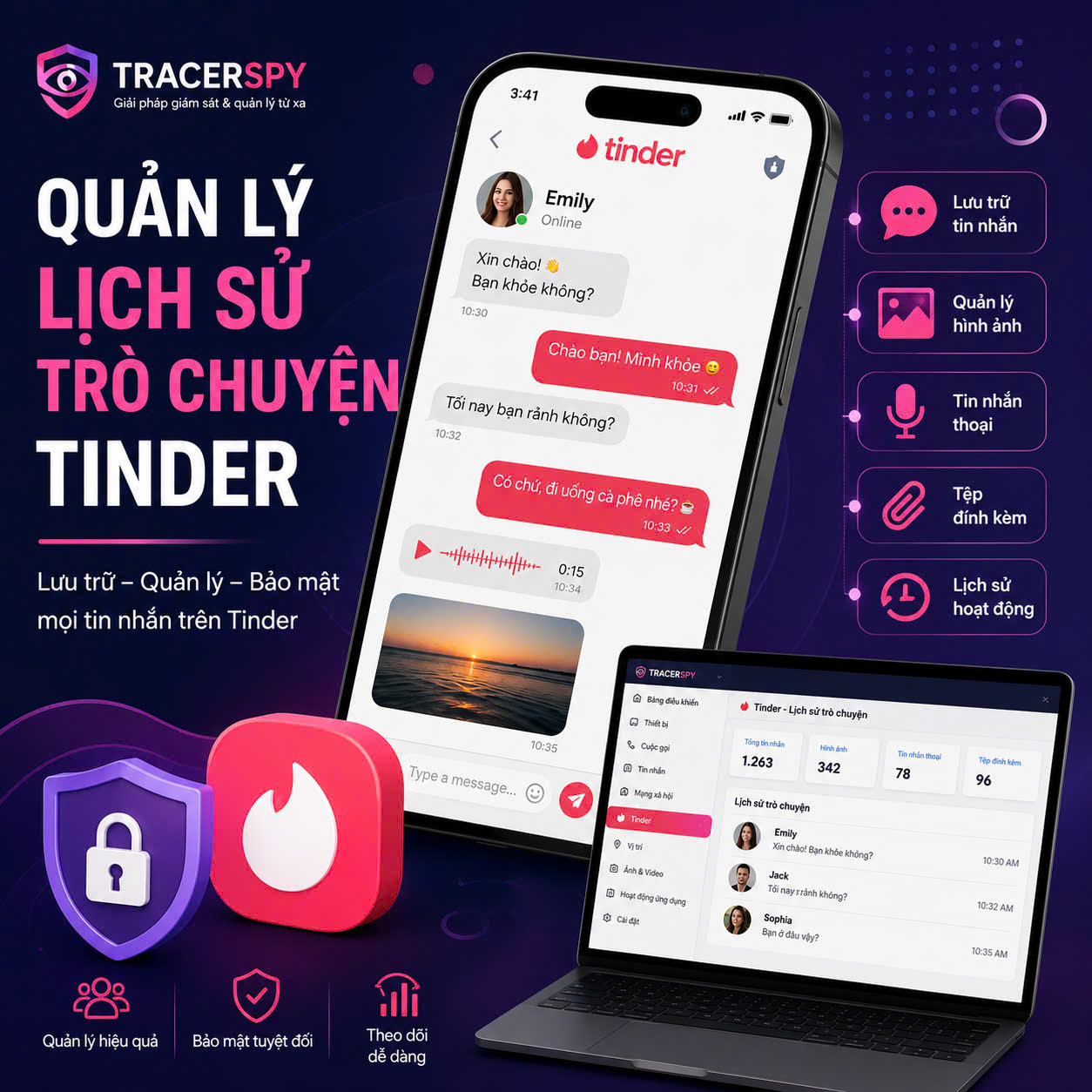 Quản lý lịch sử trò chuyện Tinder trên thiết bị được quản lý giúp lưu trữ dữ liệu Tinder, quản lý thông tin và tra cứu hoạt động hiệu quả.