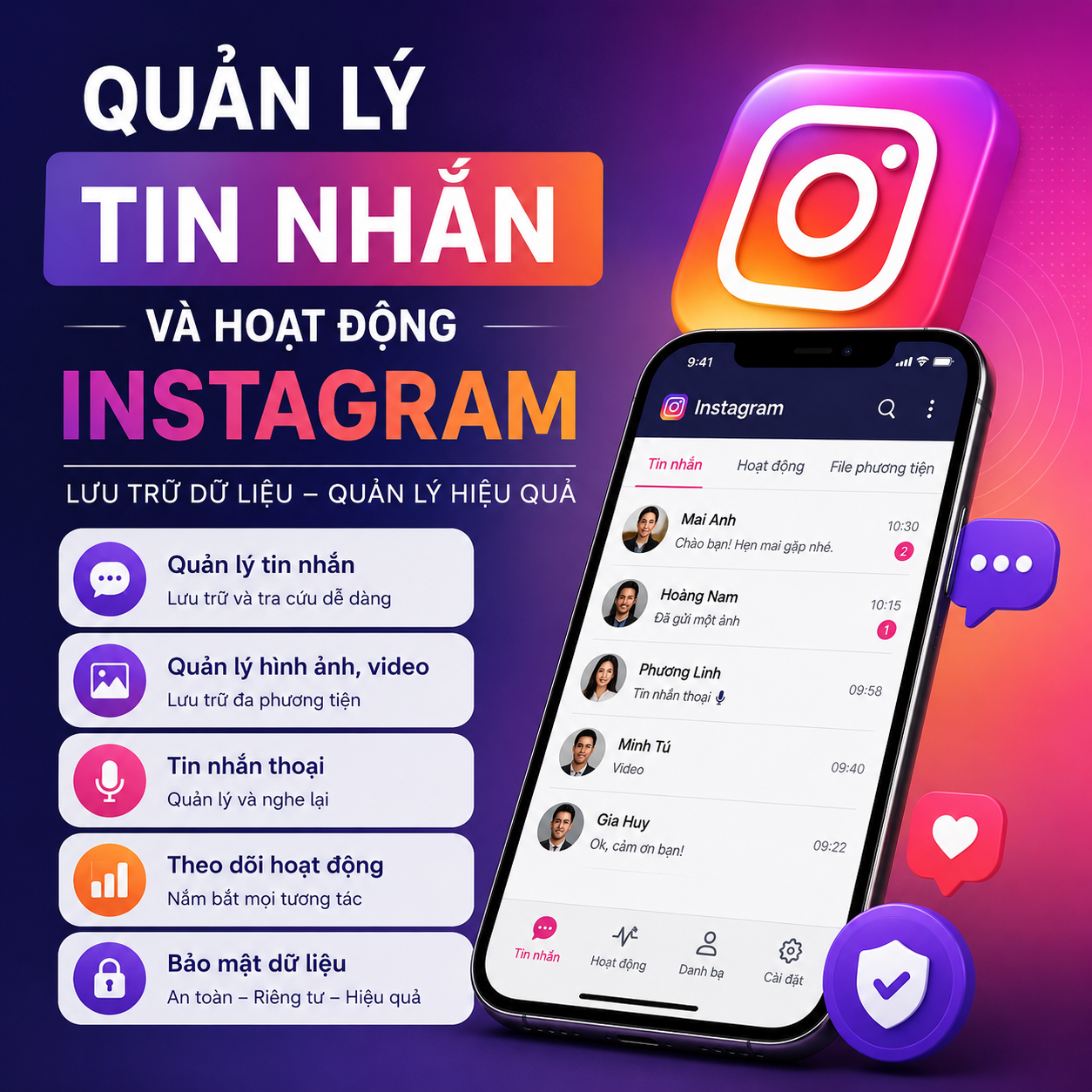 Quản lý tin nhắn và hoạt động Instagram giúp lưu trữ dữ liệu Instagram, quản lý thông tin và theo dõi hoạt động trên thiết bị được quản lý.