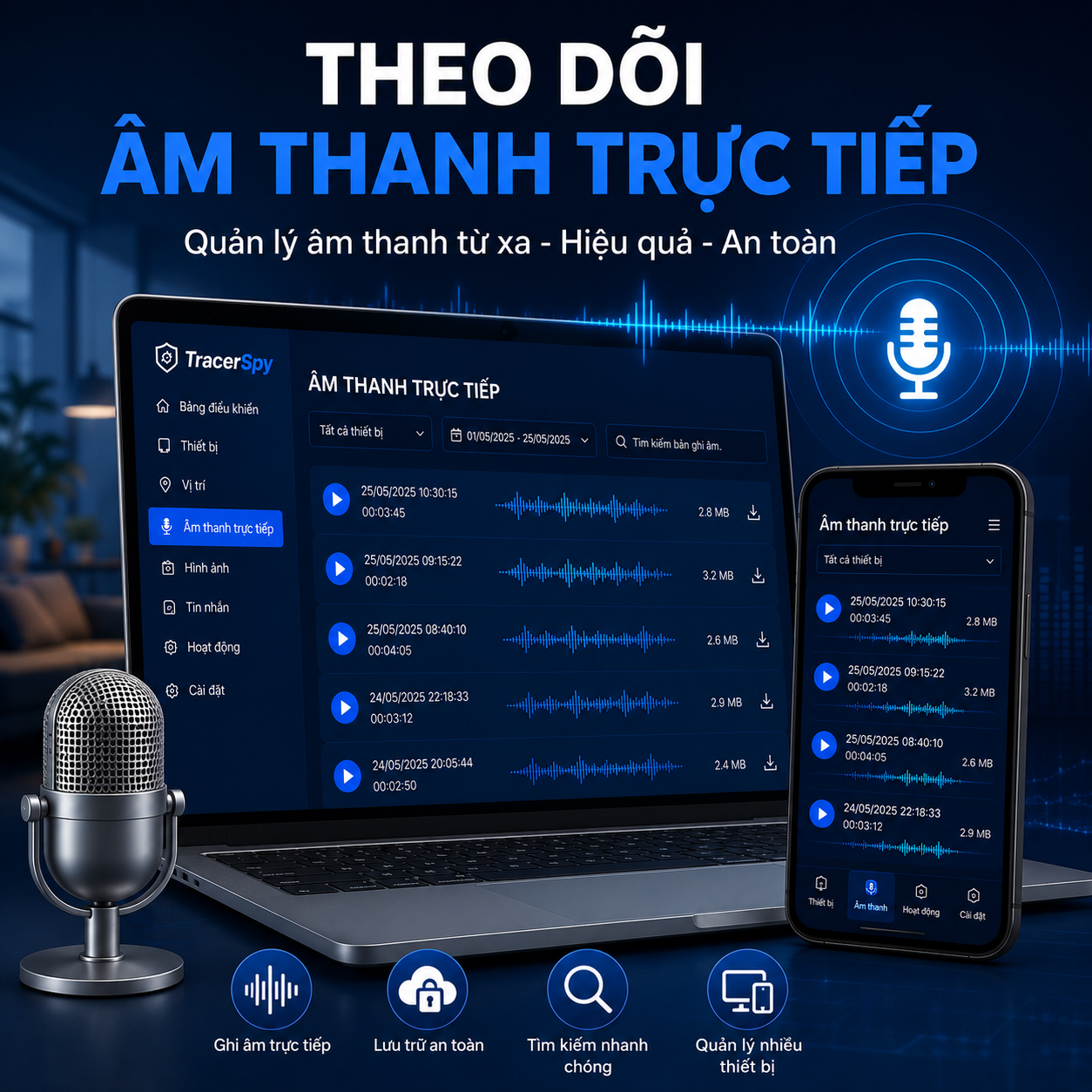 Theo dõi âm thanh trực tiếp với TracerSpy giúp quản lý dữ liệu âm thanh, truy cập từ xa và lưu trữ bản ghi an toàn.