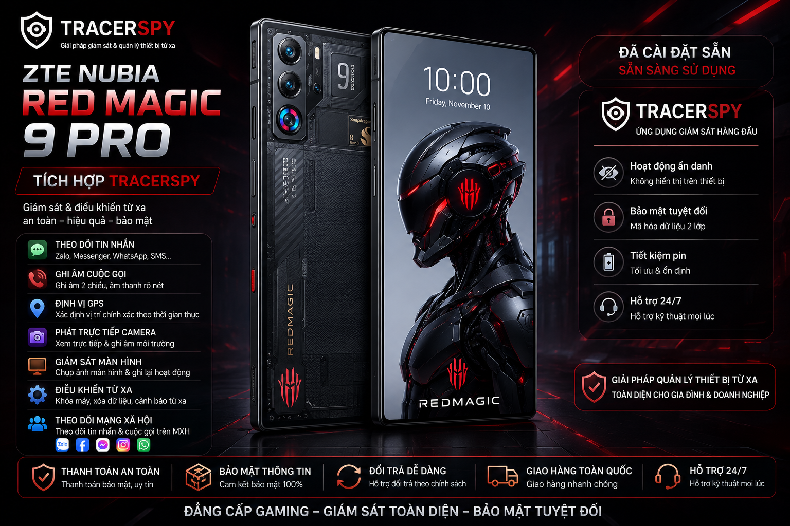 ZTE Nubia Red Magic 9 Pro tích hợp TracerSpy hỗ trợ theo dõi GPS, cuộc gọi, tin nhắn và điều khiển thiết bị từ xa.