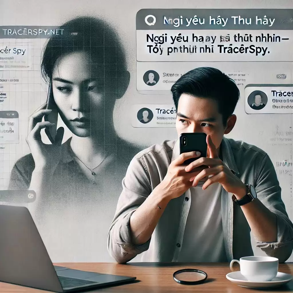 Người đàn ông nghi ngờ nhìn vào điện thoại, laptop bên cạnh hiển thị TracerSpy.net, phía sau là hình ảnh mờ ảo của bạn gái và các tin nhắn thu hồi