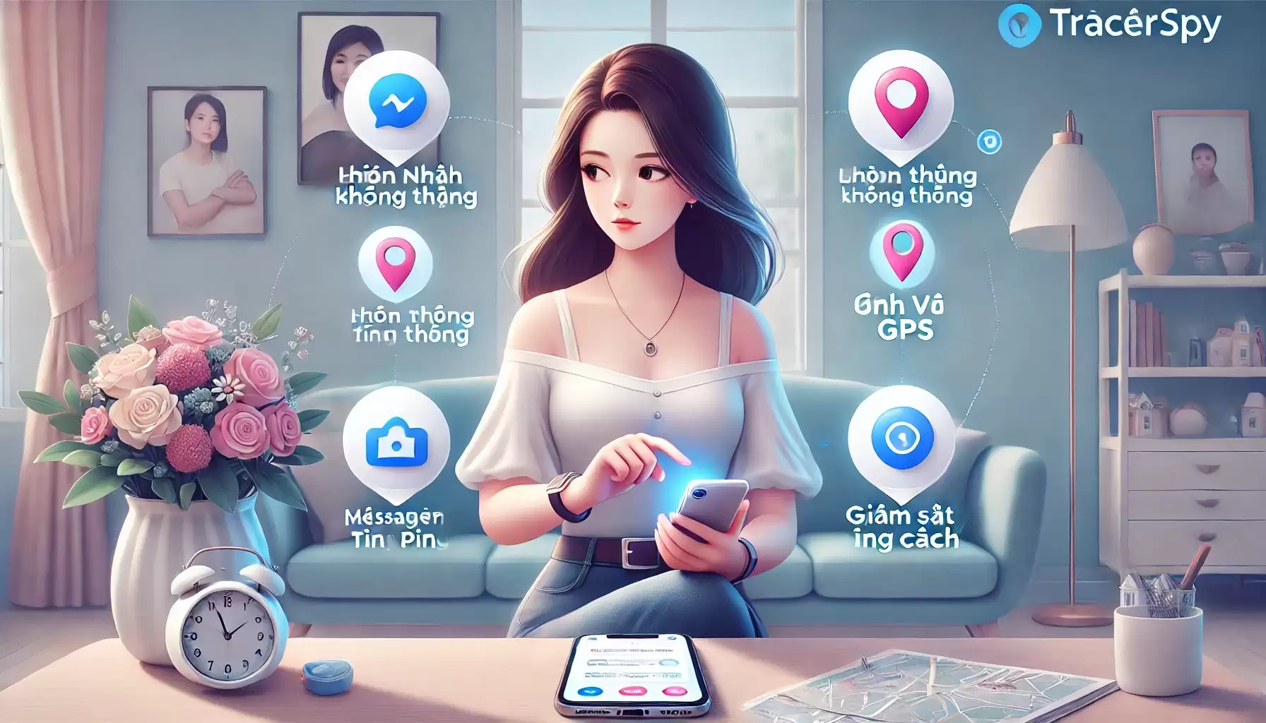 Người vợ hiện đại sử dụng phần mềm Tracerspy để giám sát Messenger, định vị GPS và ghi âm từ xa, bảo vệ hạnh phúc gia đình một cách tinh tế.