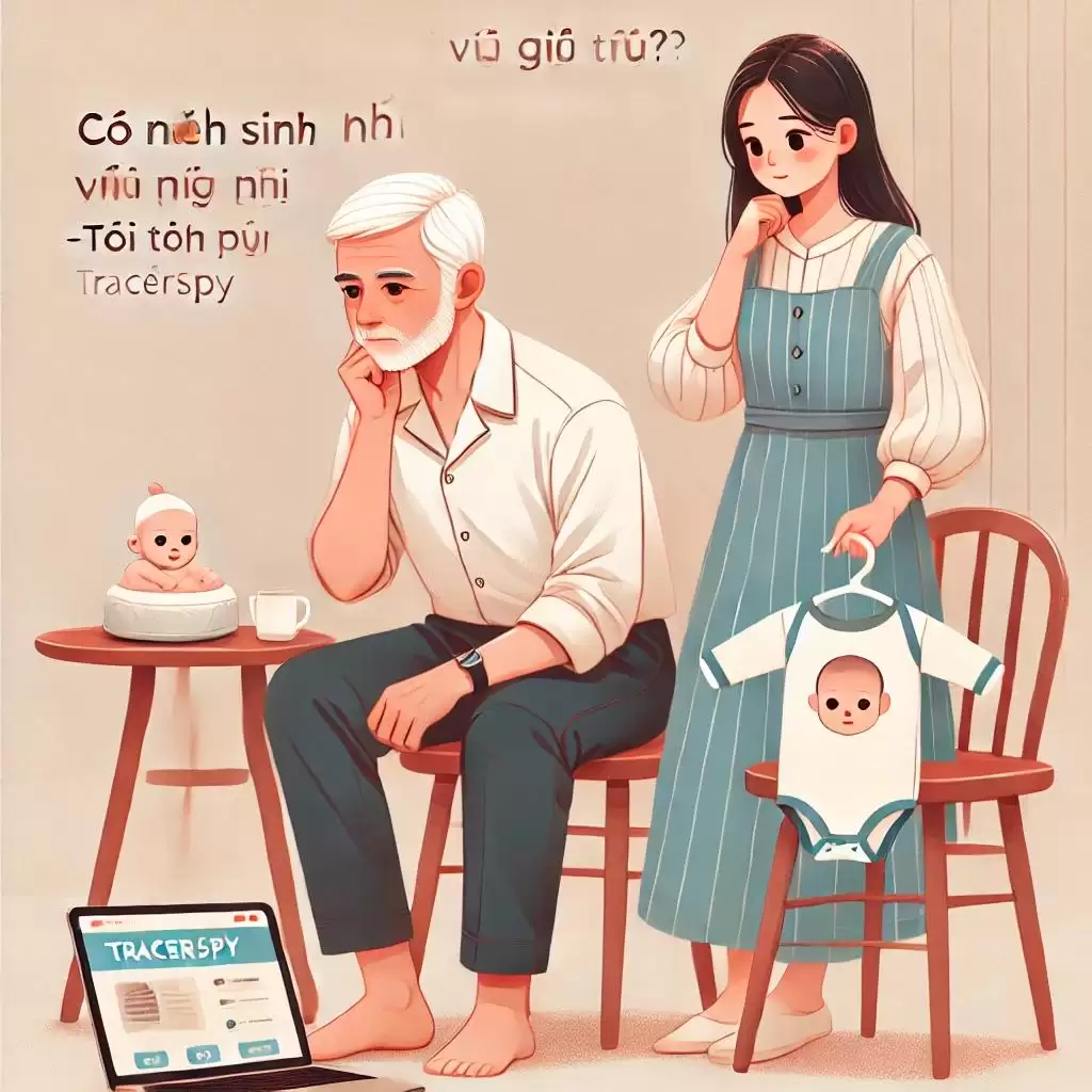 Người đàn ông trung niên ngồi trầm tư bên chiếc bàn nhỏ, trên bàn có bộ quần áo trẻ sơ sinh, phía sau là vợ trẻ mỉm cười nhẹ nhàng. Máy tính bên cạnh hiển thị TracerSpy.net.