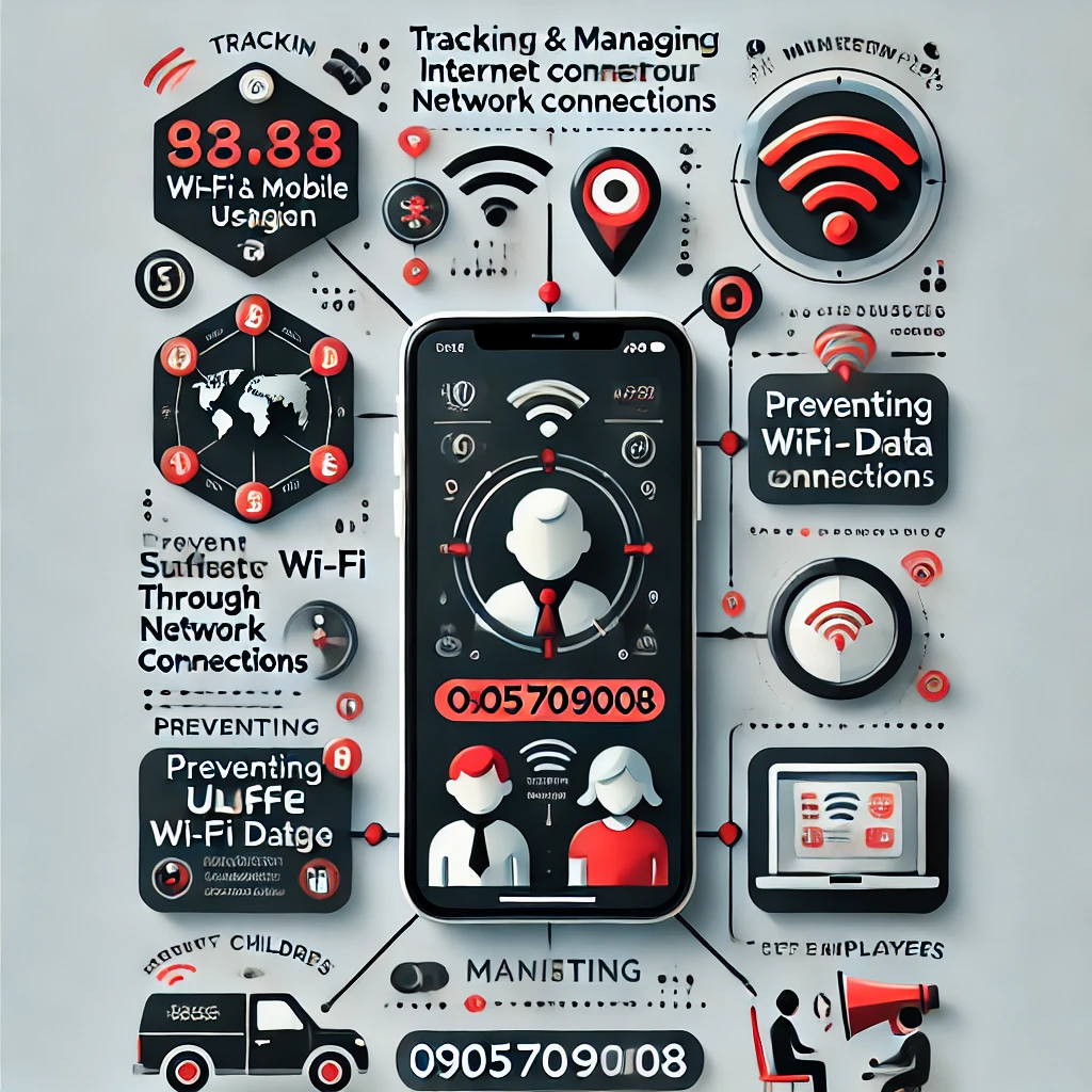 Hình ảnh minh họa về lợi ích của việc theo dõi và quản lý kết nối internet bằng Tracerspy. Hình ảnh bao gồm các điểm chính như giám sát sử dụng Wi-Fi và dữ liệu di động, xác định vị trí thiết bị qua mạng, ngăn chặn truy cập Wi-Fi không an toàn, và quản lý hoạt động trực tuyến của trẻ em hoặc nhân viên. Số điện thoại hỗ trợ: 0905709008