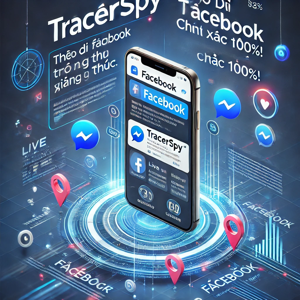 Hình ảnh minh họa Tracerspy theo dõi Facebook trong thời gian thực. Một chiếc điện thoại hiển thị giao diện Facebook Messenger với các biểu tượng GPS định vị, thông báo tin nhắn và cuộc gọi đang được giám sát. Xung quanh điện thoại có các icon Facebook, Messenger, GPS và bảo mật, nhấn mạnh vào khả năng theo dõi toàn diện của Tracerspy. Nền hình ảnh có các yếu tố công nghệ, bảo mật số và trí tuệ nhân tạo AI, thể hiện tính chính xác và an toàn khi giám sát tin nhắn, vị trí và cuộc gọi trên Facebook.