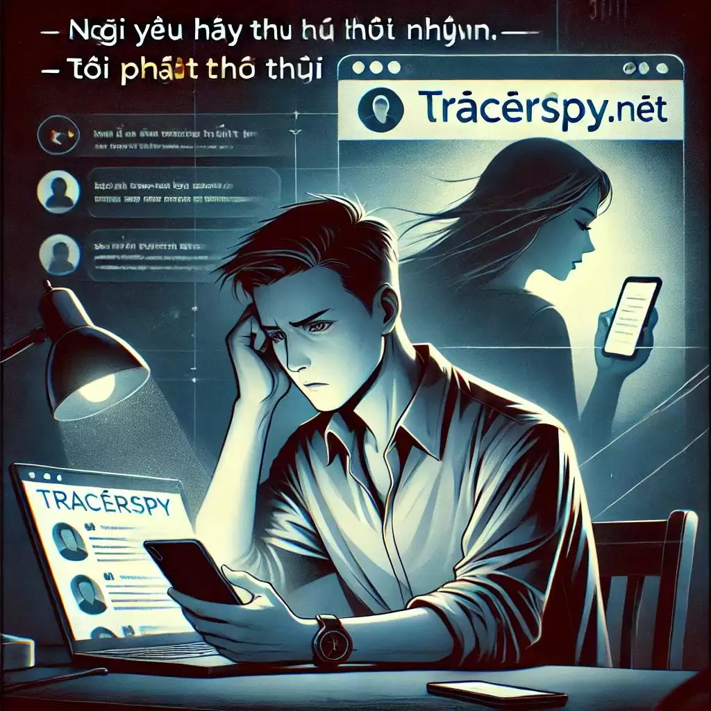 Người đàn ông nghi ngờ nhìn vào điện thoại, laptop bên cạnh hiển thị TracerSpy.net, phía sau là hình ảnh bạn gái mập mờ với tin nhắn thu hồi