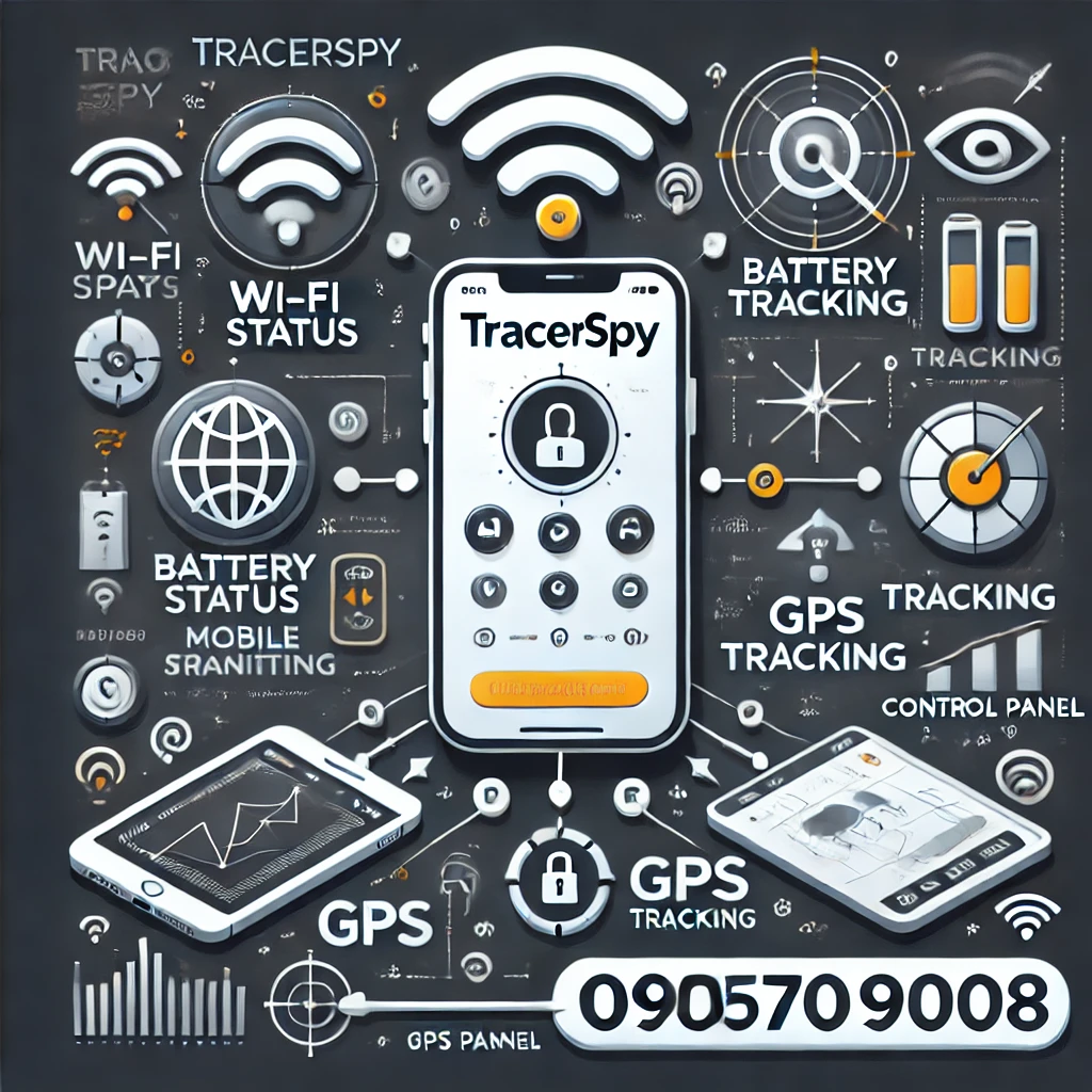 Hình ảnh mô tả các tính năng giám sát thiết bị của Tracerspy, bao gồm theo dõi Wi-Fi, trạng thái pin, GPS và cảnh báo thay đổi SIM, giúp bảo vệ dữ liệu và quản lý thiết bị từ xa.