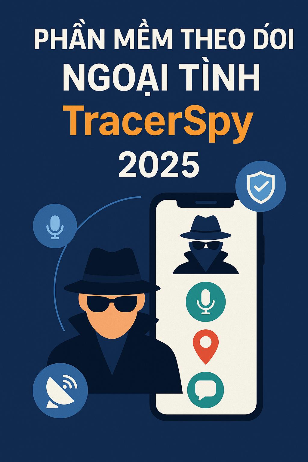 Hình minh họa phần mềm theo dõi ngoại tình TracerSpy với giao diện hiện đại và biểu tượng giám sát tàng hình.