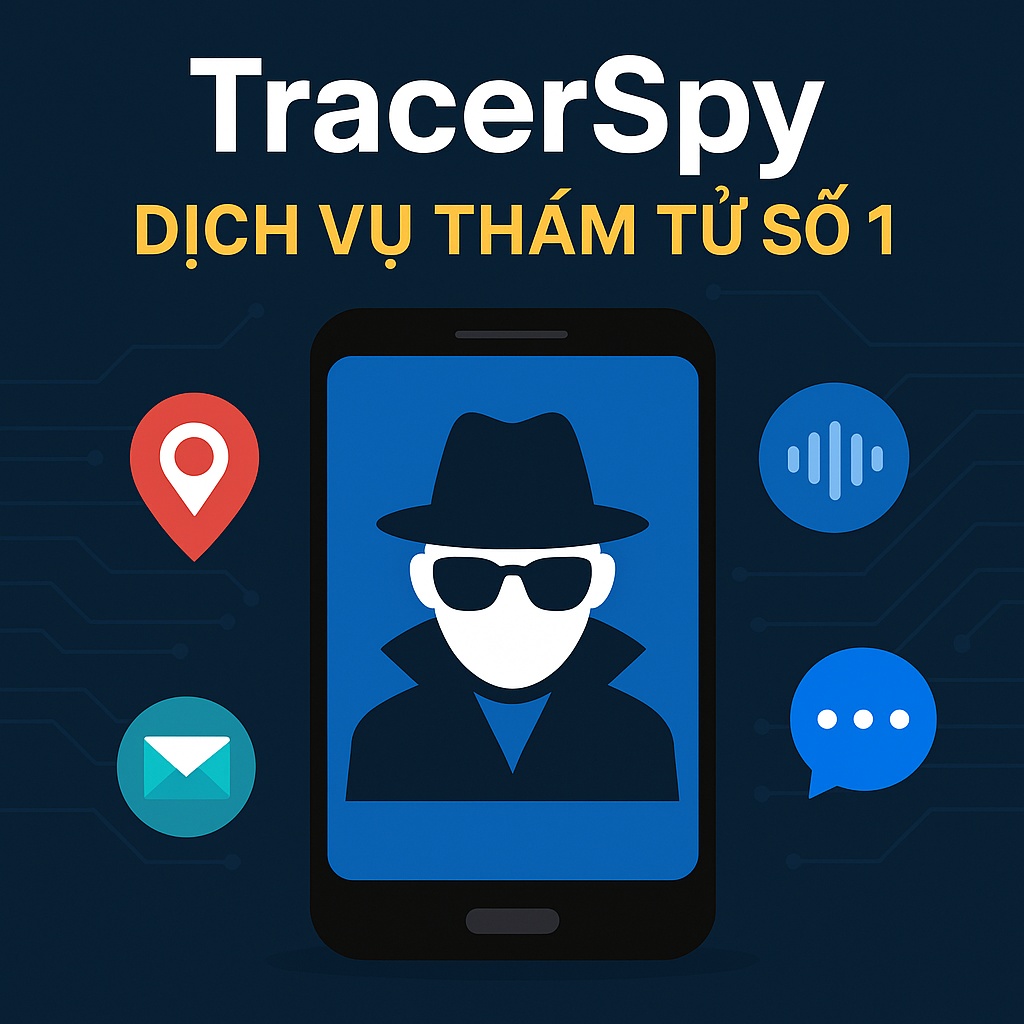 Hình đại diện ứng dụng TracerSpy với biểu tượng thám tử trên điện thoại, các biểu tượng định vị, âm thanh, tin nhắn và nền công nghệ cao màu xanh đậm.