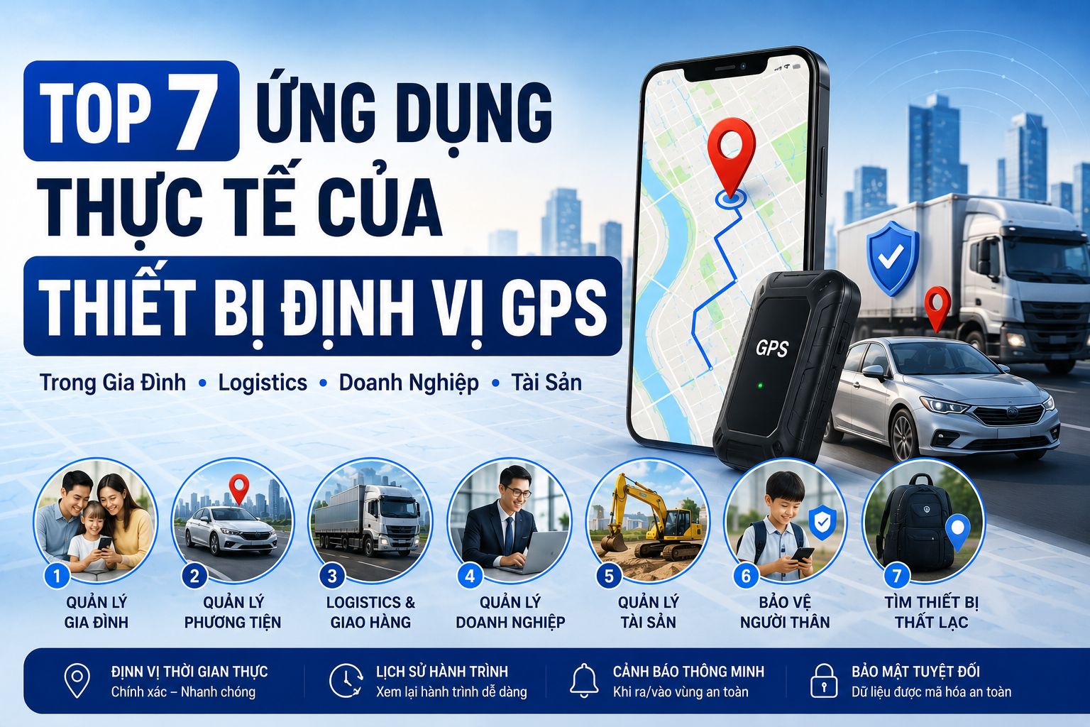 Thiết bị định vị GPS ứng dụng trong quản lý gia đình, logistics, doanh nghiệp và bảo vệ tài sản theo thời gian thực.