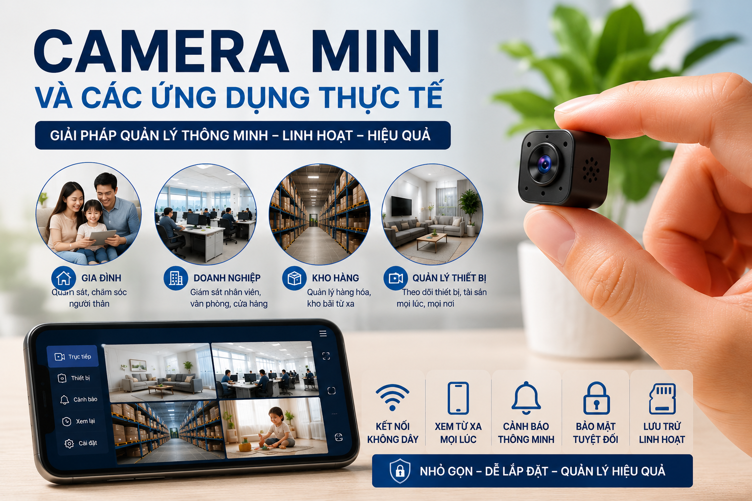 Camera mini hỗ trợ quản lý gia đình, doanh nghiệp và thiết bị từ xa với kết nối không dây thông minh.