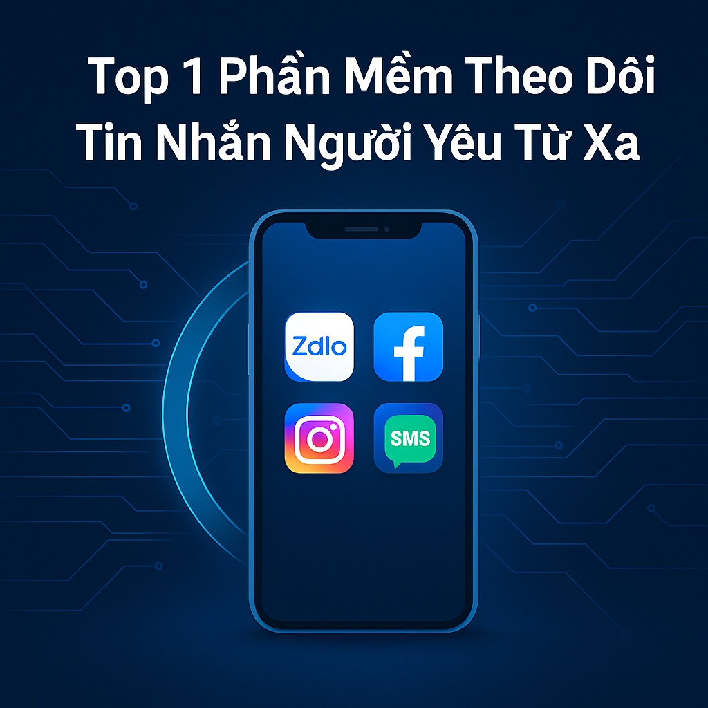 Hình đại diện phần mềm Tracerspy giám sát tin nhắn người yêu từ xa, hiển thị smartphone với biểu tượng Zalo, Facebook, Instagram, SMS trên nền công nghệ hiện đại.