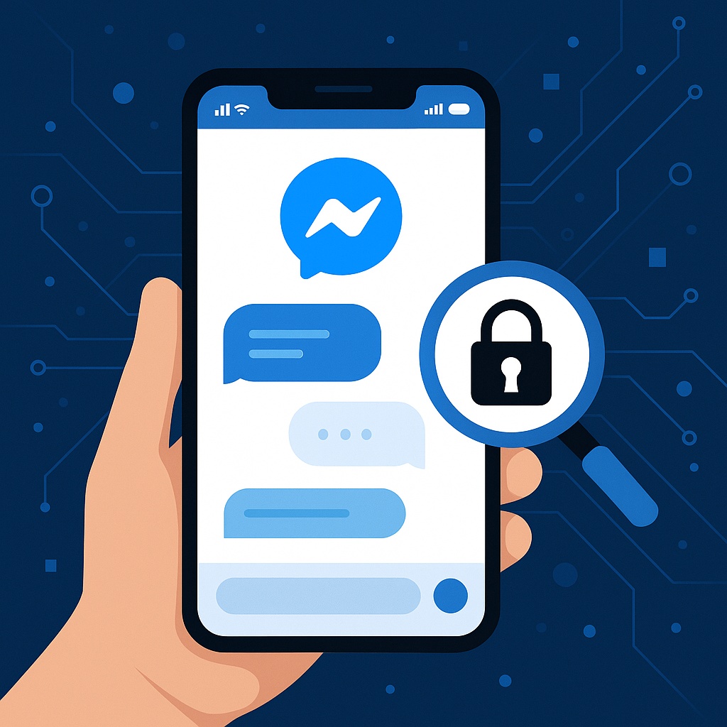Điện thoại hiển thị giao diện Messenger với biểu tượng khóa bảo mật – công nghệ giám sát từ xa an toàn