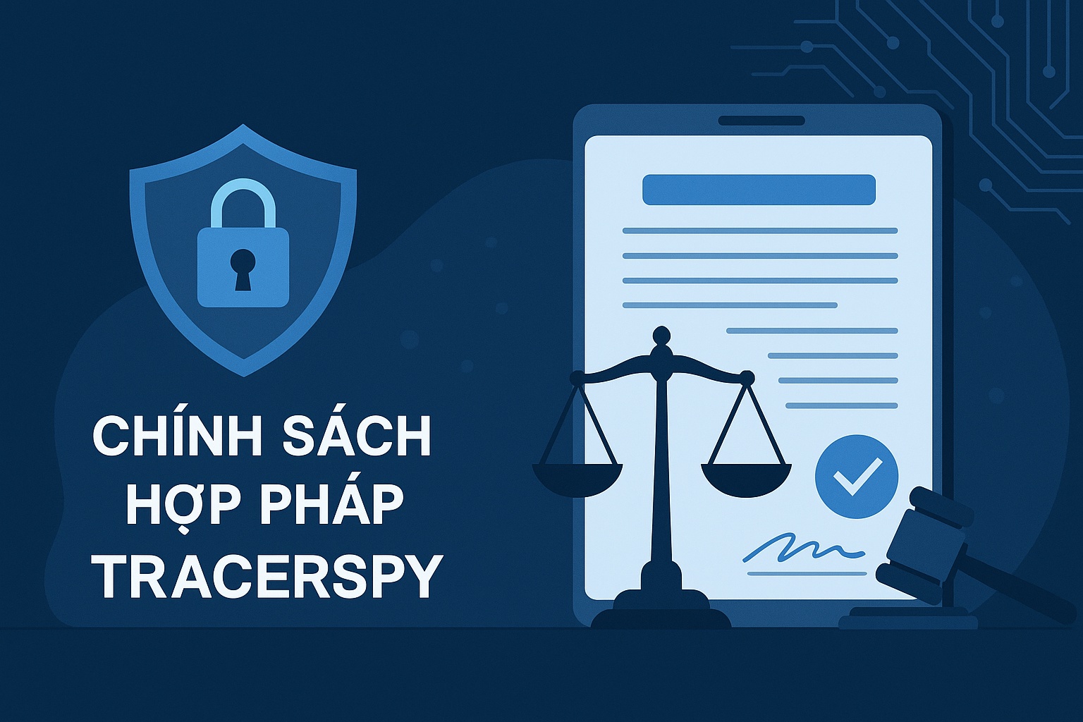 Hình đại diện chính sách hợp pháp Tracerspy – phần mềm theo dõi điện thoại người thân, giám sát điện thoại từ xa với biểu tượng bảo mật, công lý và công nghệ hiện đại.