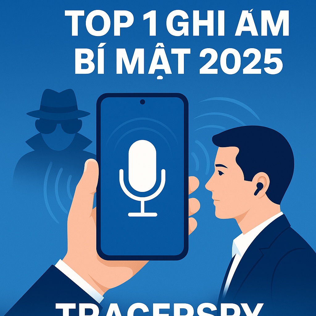 Hình đại diện phần mềm ghi âm bí mật Tracerspy với điện thoại hiển thị micro và người dùng đeo tai nghe đang lắng nghe.