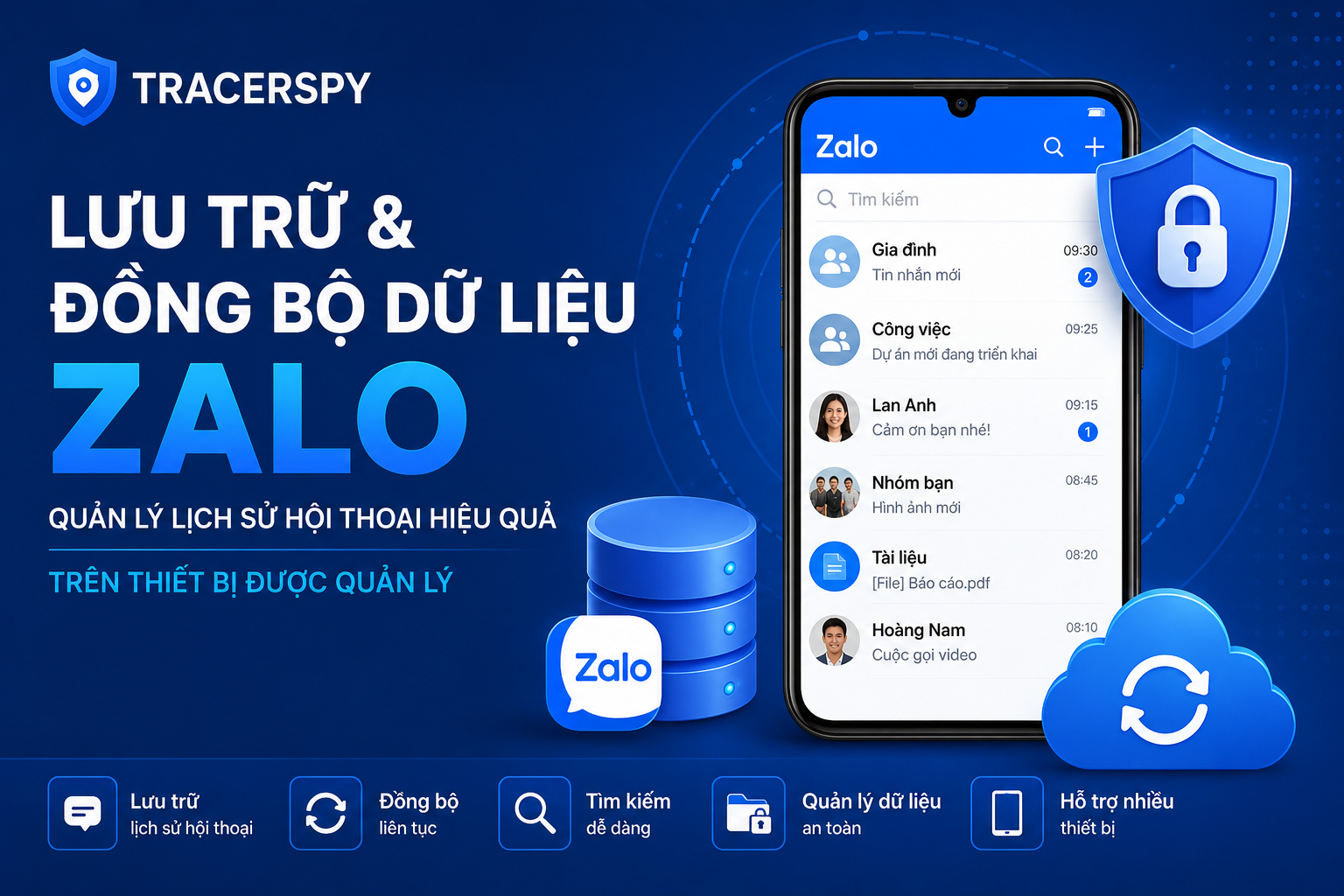 Lưu trữ dữ liệu Zalo và đồng bộ dữ liệu Zalo trên thiết bị được quản lý với TracerSpy giúp quản lý lịch sử hội thoại hiệu quả.