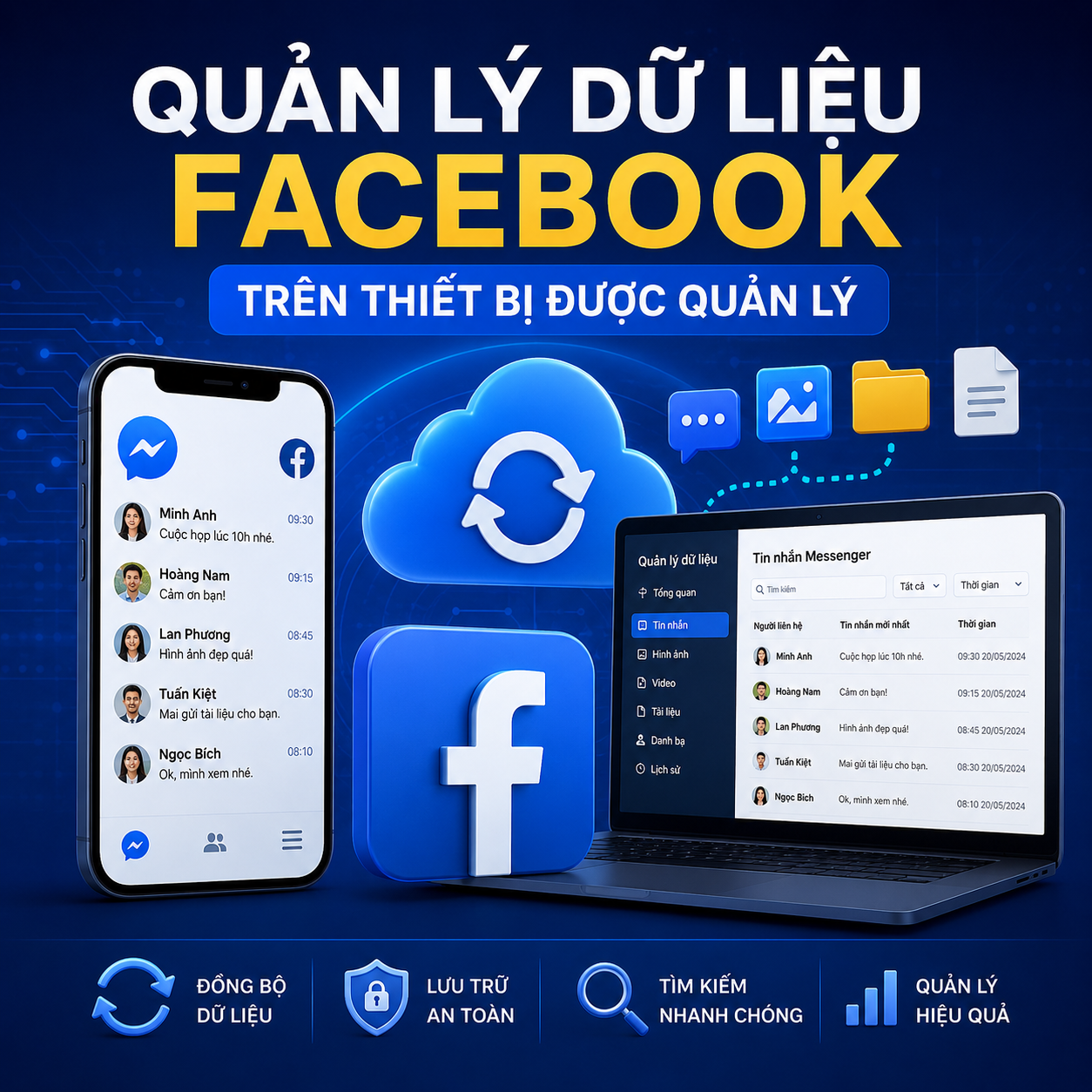 Quản lý dữ liệu Facebook trên thiết bị được quản lý hỗ trợ đồng bộ Messenger và lưu trữ dữ liệu hiệu quả.