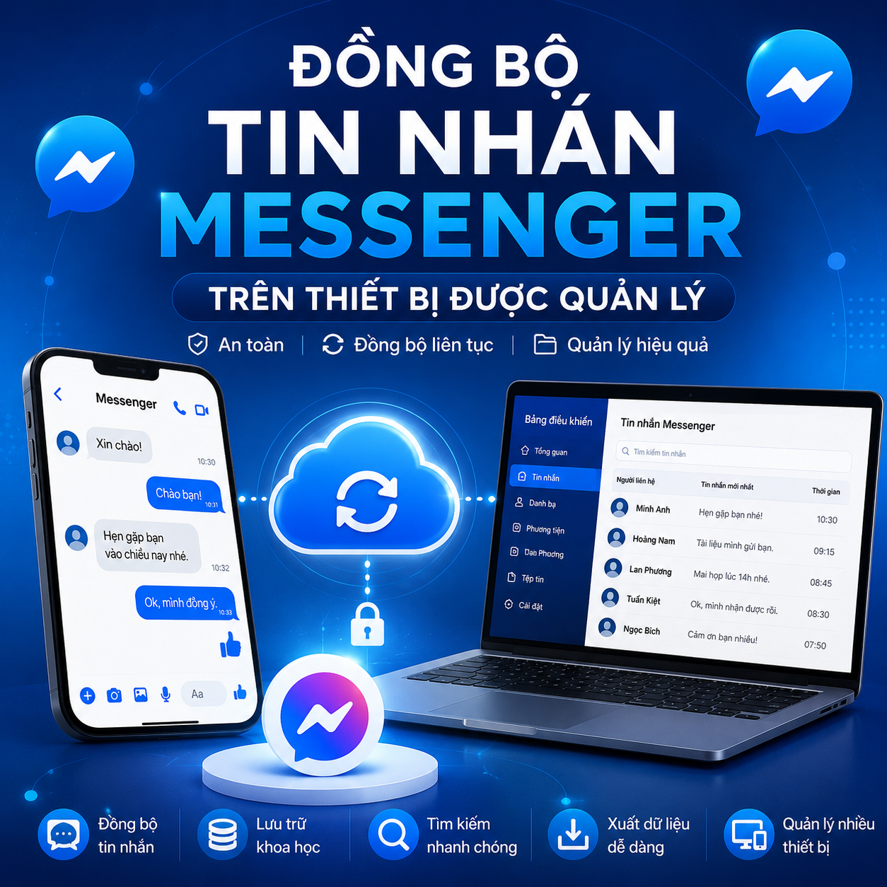 Đồng bộ tin nhắn Messenger trên thiết bị được quản lý giúp quản lý dữ liệu Messenger, lưu trữ lịch sử hội thoại và đồng bộ thông tin an toàn.