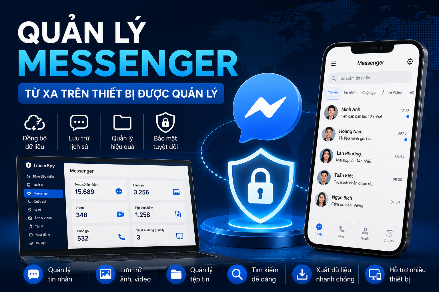 Quản lý Messenger từ xa trên thiết bị được quản lý giúp đồng bộ dữ liệu Messenger, quản lý lịch sử hội thoại và lưu trữ thông tin hiệu quả.