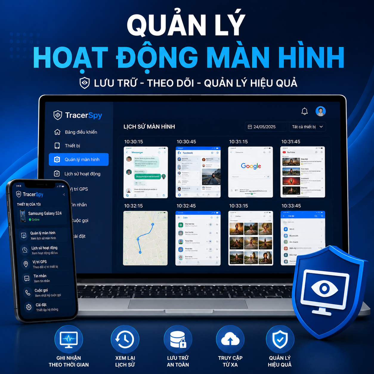 Quản lý hoạt động màn hình giúp lưu trữ lịch sử màn hình và quản lý thiết bị từ xa hiệu quả với TracerSpy.