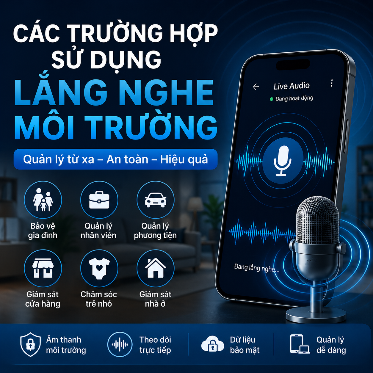 Các trường hợp sử dụng tính năng lắng nghe môi trường với TracerSpy hỗ trợ theo dõi âm thanh, quản lý thiết bị và Live Audio từ xa.