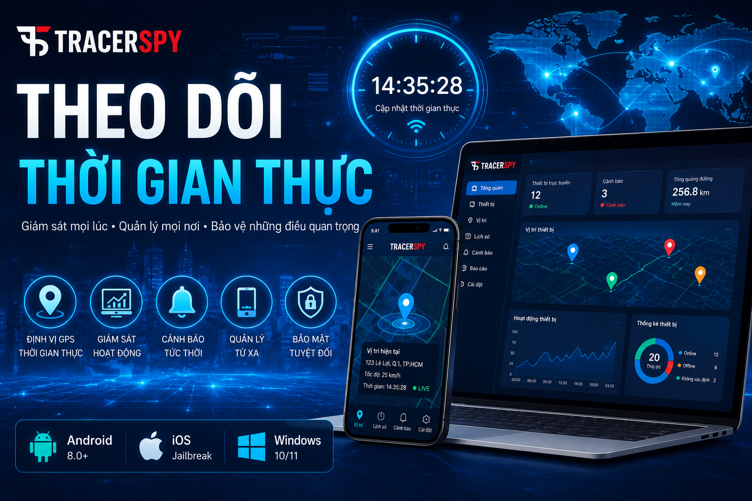 TracerSpy theo dõi thời gian thực trên Android, iOS và Windows với GPS trực tuyến và cảnh báo tức thời
