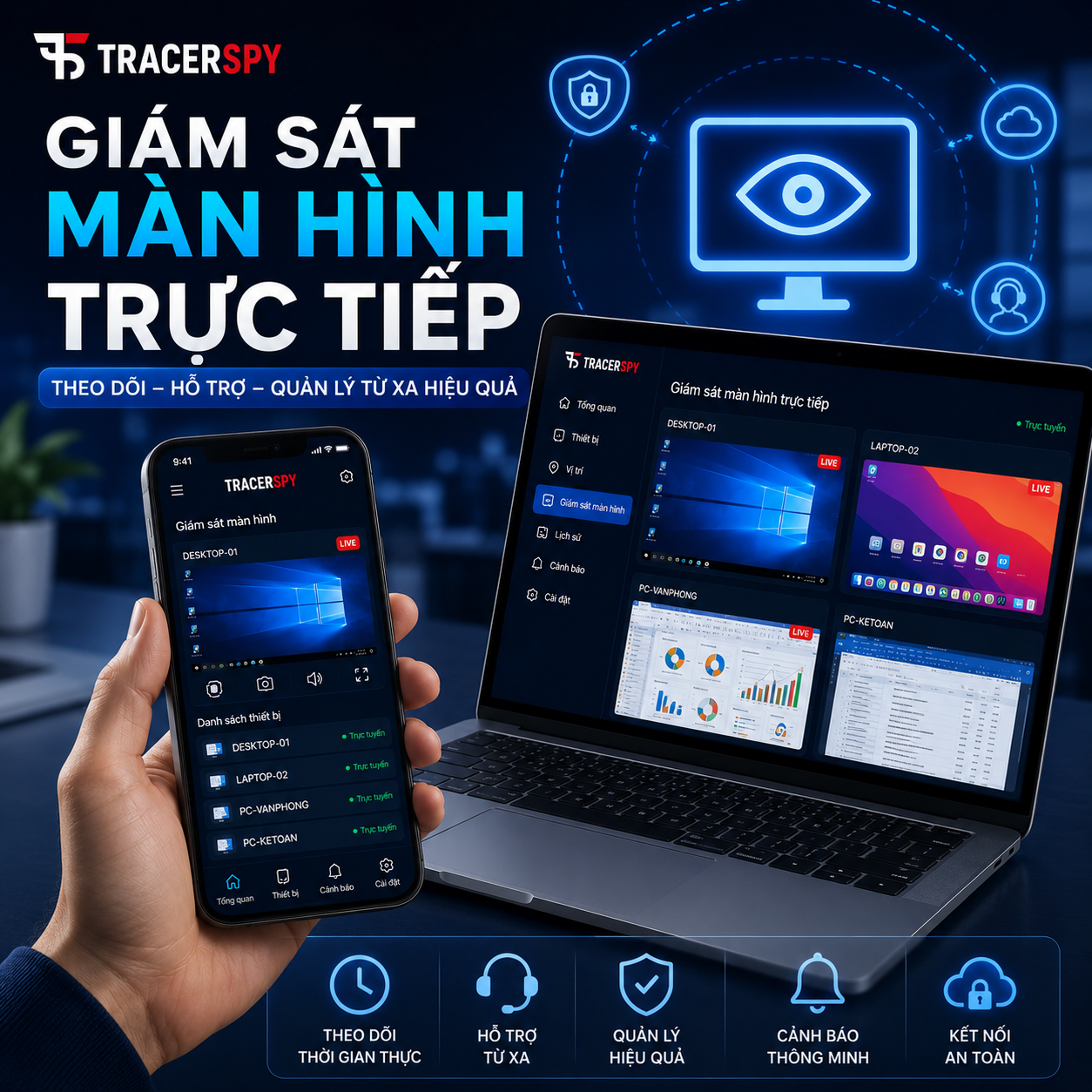 giám sát màn hình trực tiếp giúp quản lý thiết bị, hỗ trợ kỹ thuật và theo dõi hoạt động từ xa hiệu quả.