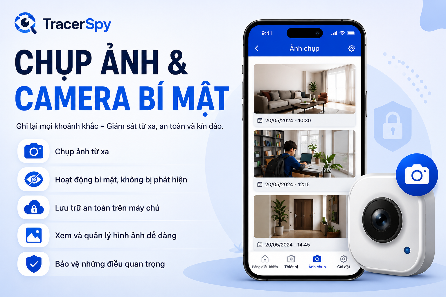 Minh họa tính năng chụp ảnh bí mật từ xa của TracerSpy giúp ghi lại hình ảnh và quản lý dữ liệu an toàn trên điện thoại.