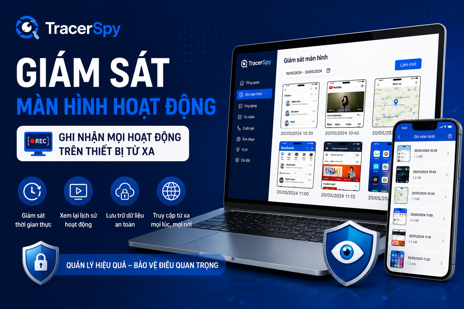 Hình đại diện tính năng giám sát màn hình hoạt động của TracerSpy giúp ghi nhận và quản lý nội dung hiển thị trên thiết bị theo thời gian thực.