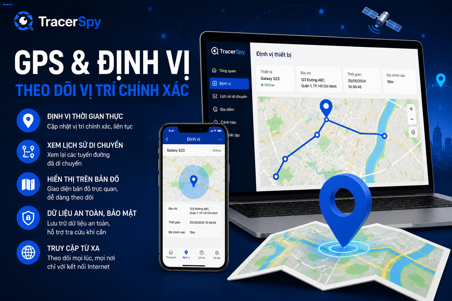 Ảnh đại diện tính năng GPS và định vị của TracerSpy giúp theo dõi vị trí thiết bị chính xác theo thời gian thực trên bản đồ.