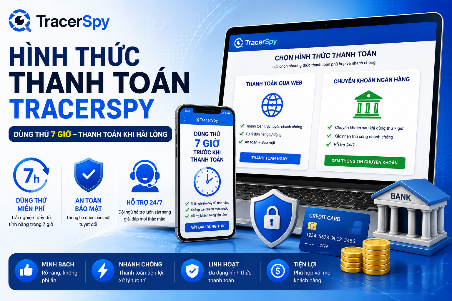 Ảnh đại diện giới thiệu hình thức thanh toán TracerSpy với chính sách dùng thử 7 giờ, thanh toán qua website hoặc chuyển khoản ngân hàng.