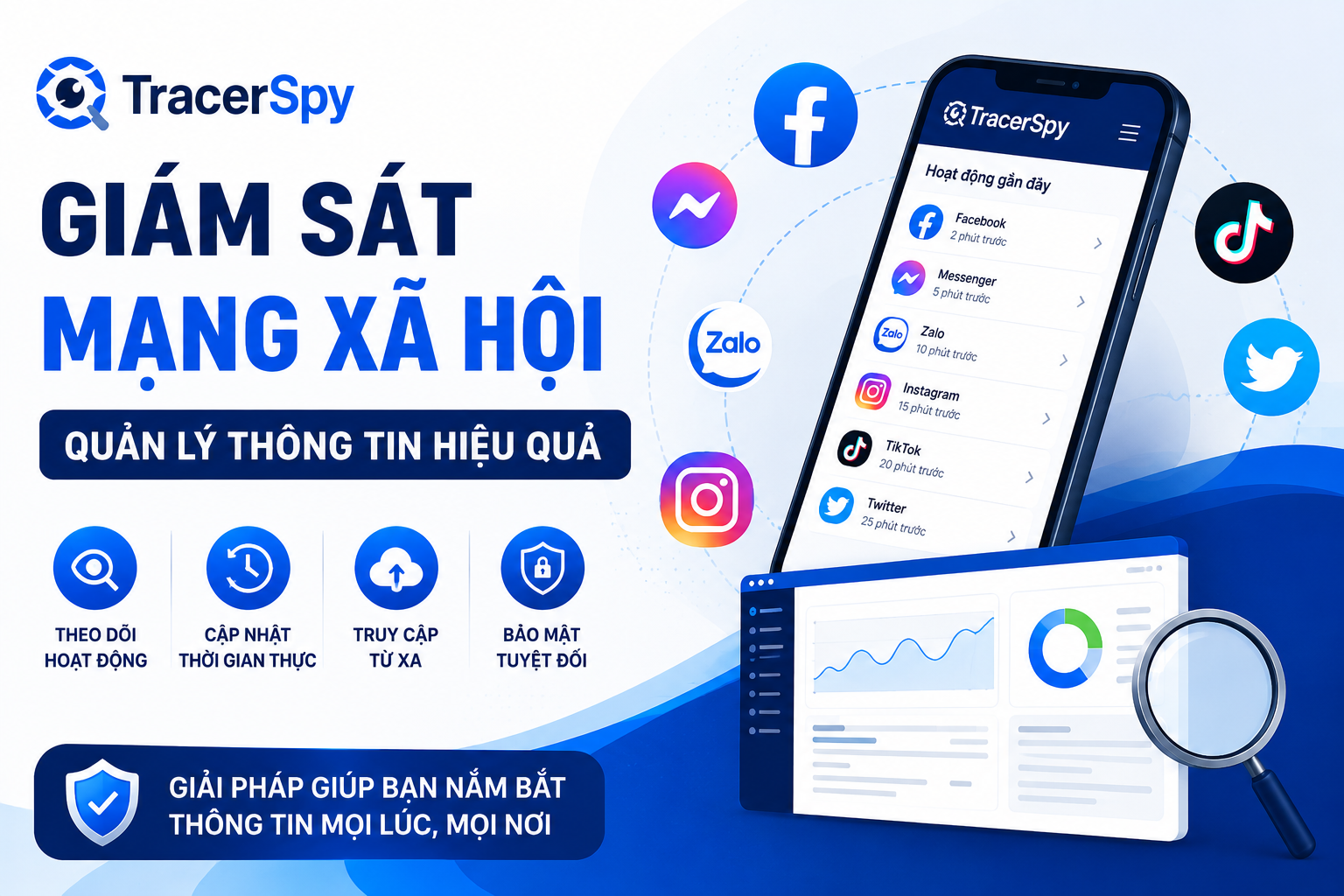 Ảnh đại diện minh họa giám sát mạng xã hội TracerSpy với các biểu tượng kết nối số, dữ liệu đám mây và bảo mật thông tin trực tuyến.