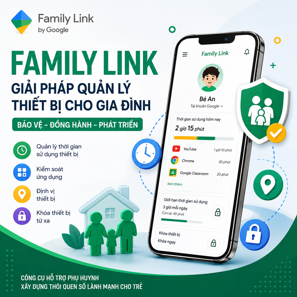 Ảnh đại diện Family Link giúp phụ huynh quản lý thời gian sử dụng điện thoại, ứng dụng và vị trí thiết bị của trẻ em một cách an toàn.