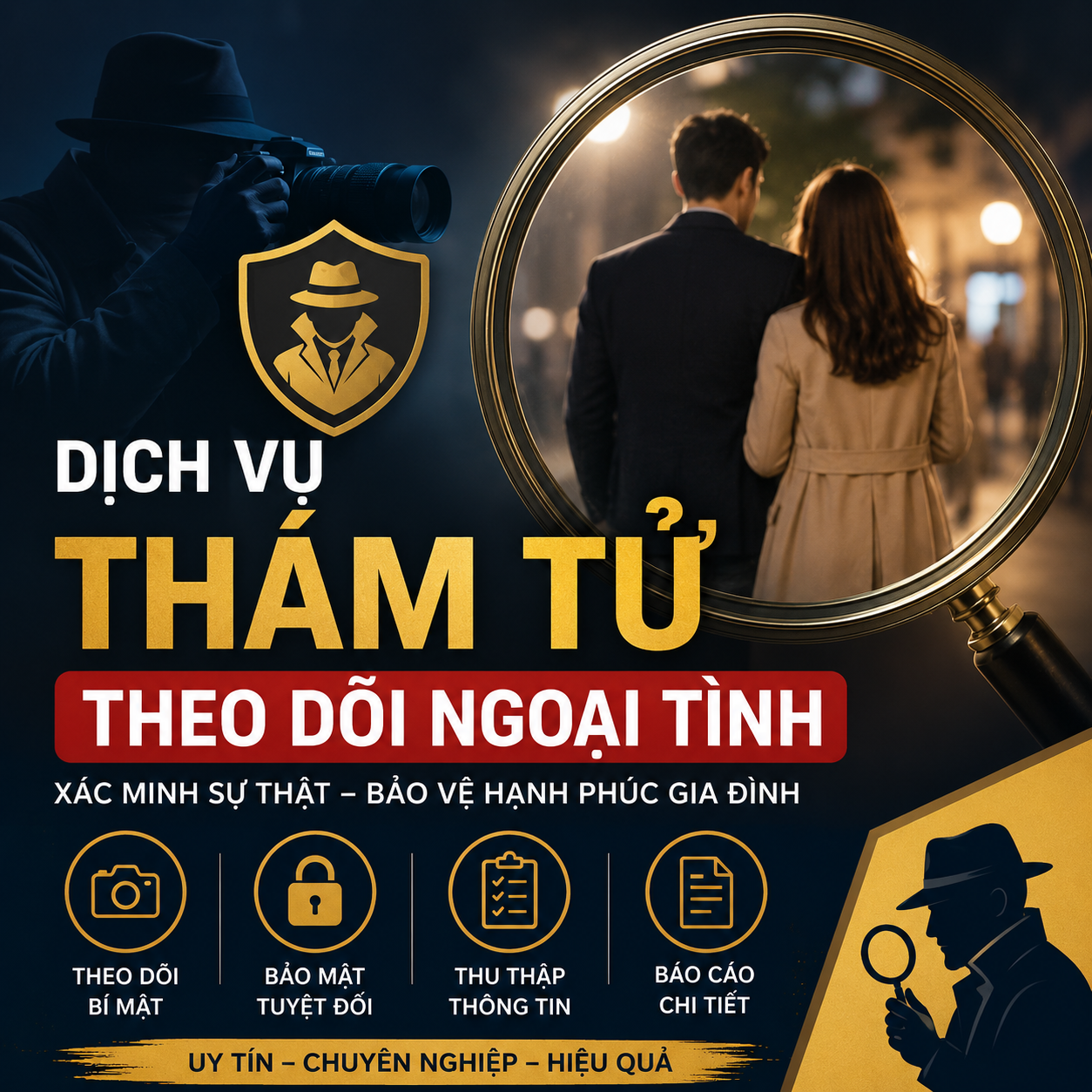 Ảnh đại diện dịch vụ thám tử theo dõi ngoại tình với hình ảnh kính lúp điều tra, thám tử chuyên nghiệp và hoạt động xác minh thông tin hôn nhân.