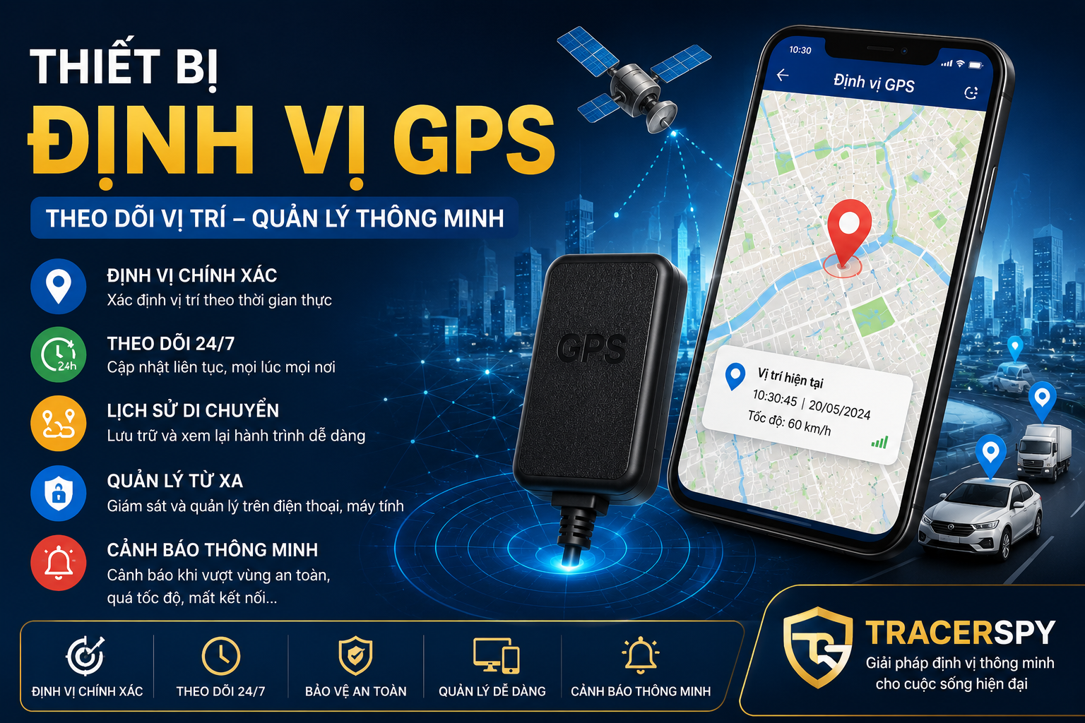 Ảnh đại diện thiết bị định vị GPS thông minh với bản đồ số, điện thoại hiển thị vị trí thời gian thực và công nghệ theo dõi hiện đại.