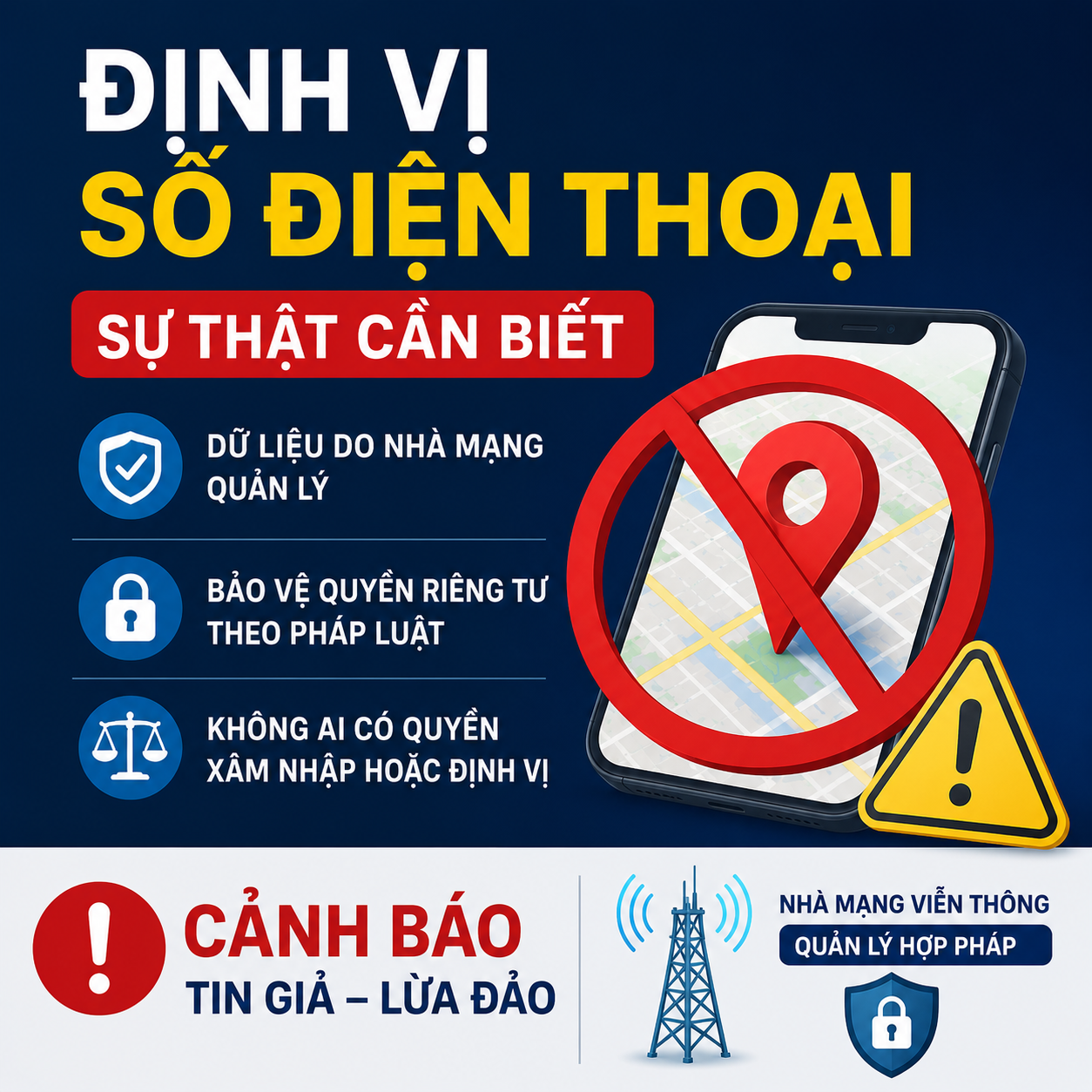 Ảnh đại diện cảnh báo định vị số điện thoại trái phép, nhấn mạnh dữ liệu thuê bao do nhà mạng quản lý và được pháp luật bảo vệ.