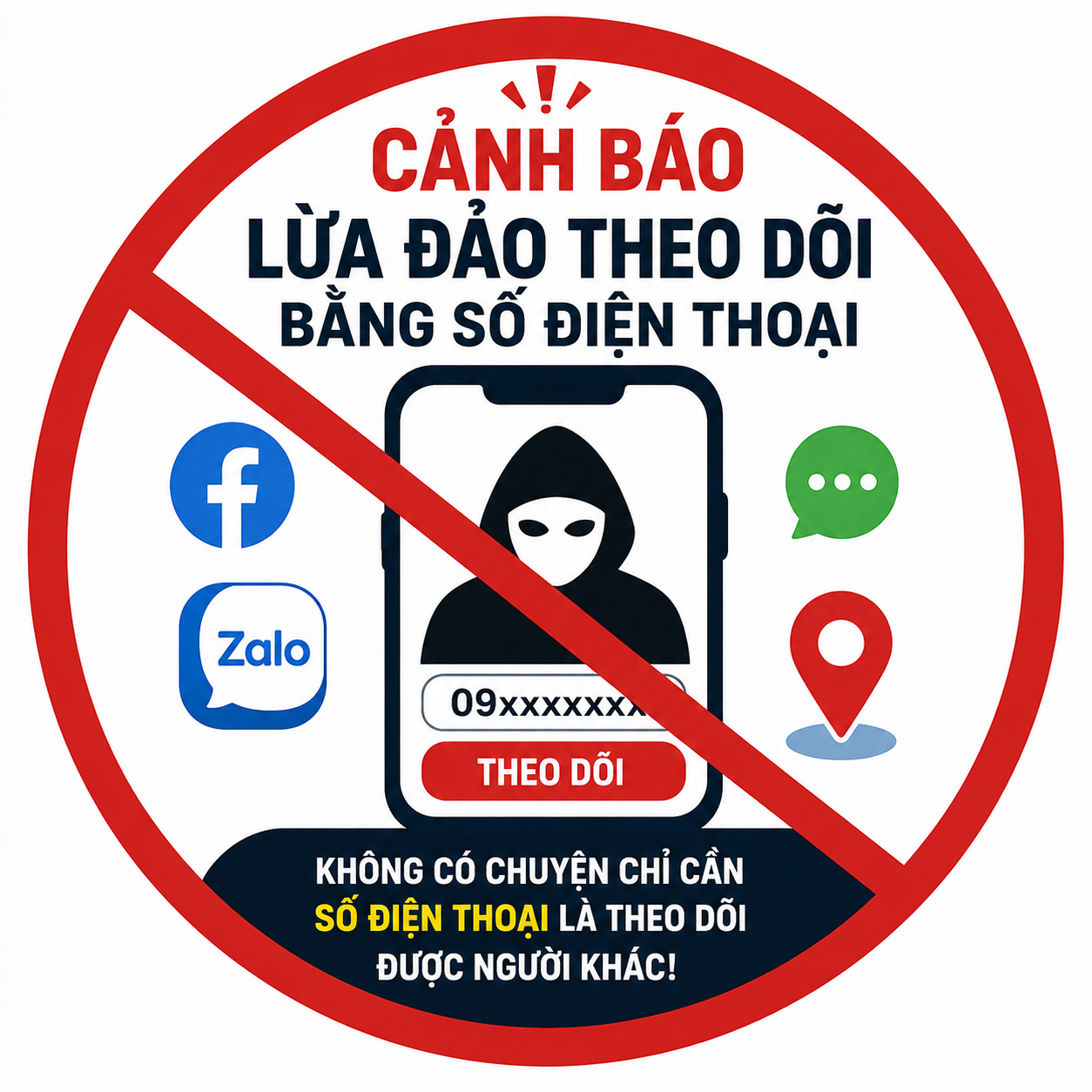 Ảnh đại diện cảnh báo các chiêu trò lừa đảo quảng cáo theo dõi Zalo, Facebook, tin nhắn và định vị người khác chỉ bằng số điện thoại.