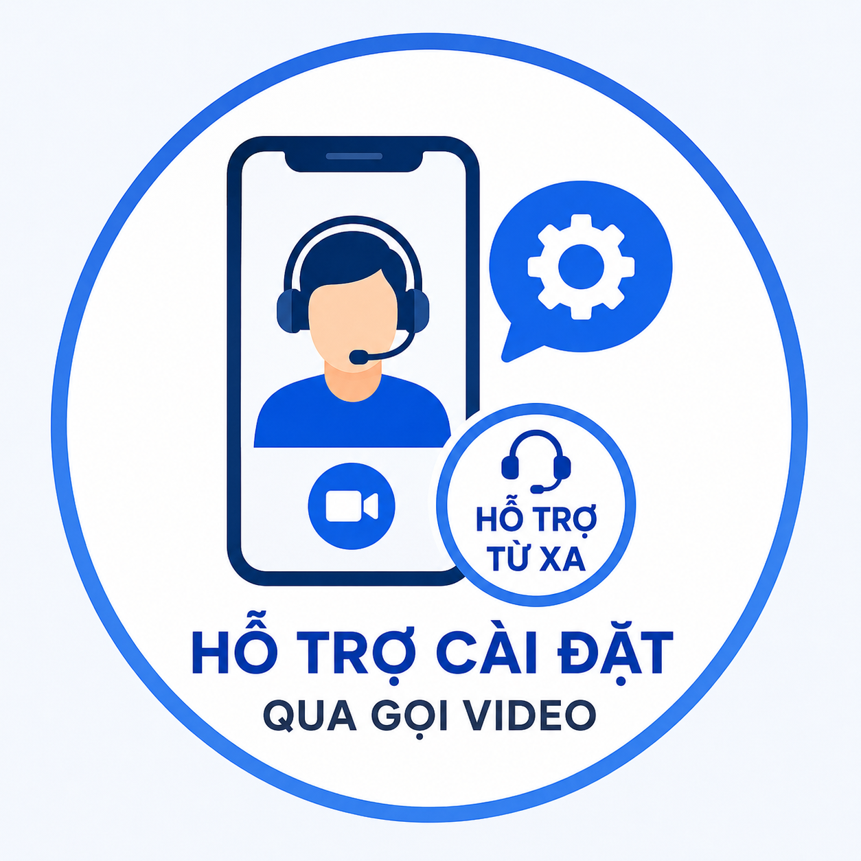 Biểu tượng hỗ trợ cài đặt từ xa qua gọi video với kỹ thuật viên hướng dẫn trực tuyến trên điện thoại thông minh