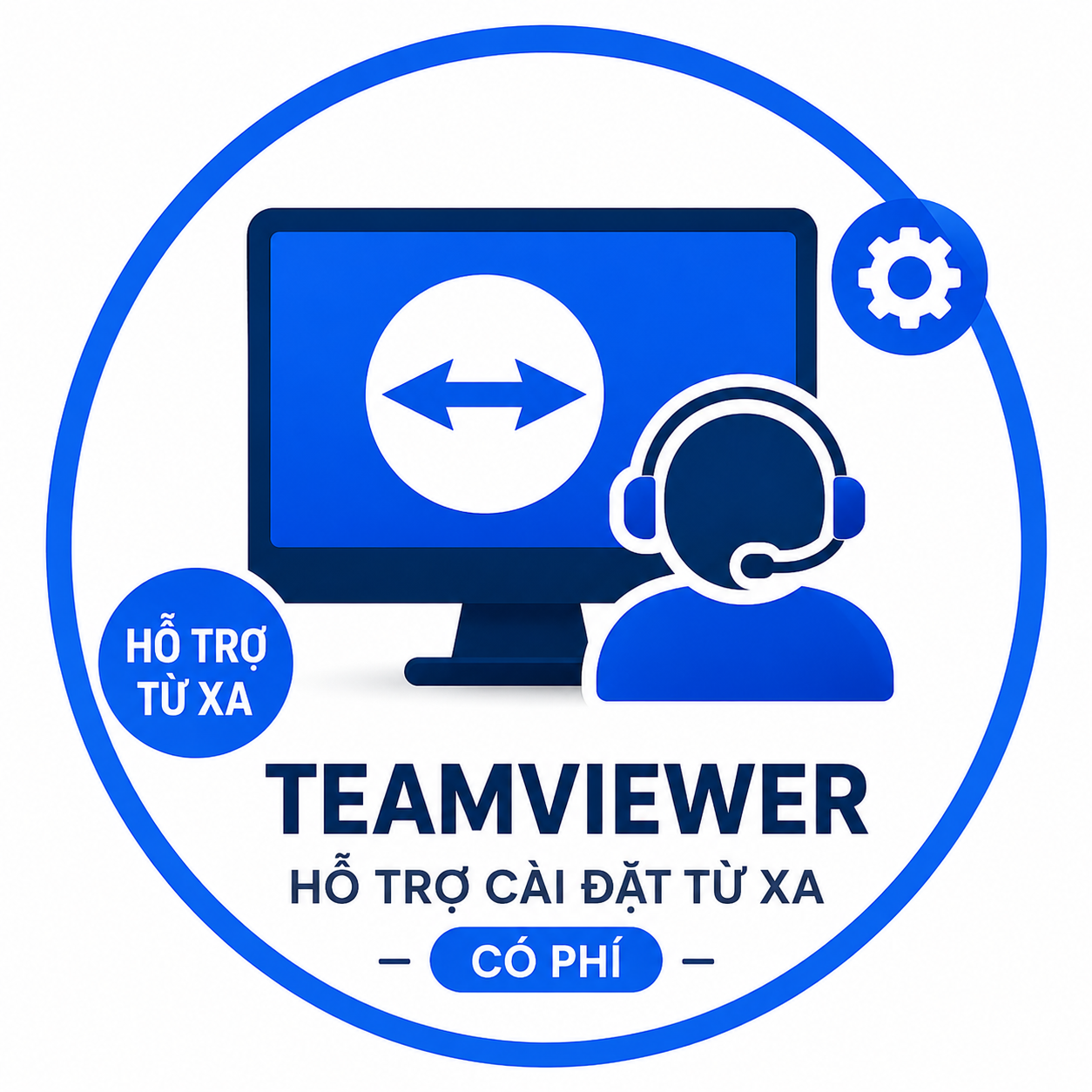 Biểu tượng hỗ trợ cài đặt từ xa qua TeamViewer với kỹ thuật viên hỗ trợ trực tuyến và kết nối điều khiển máy tính từ xa