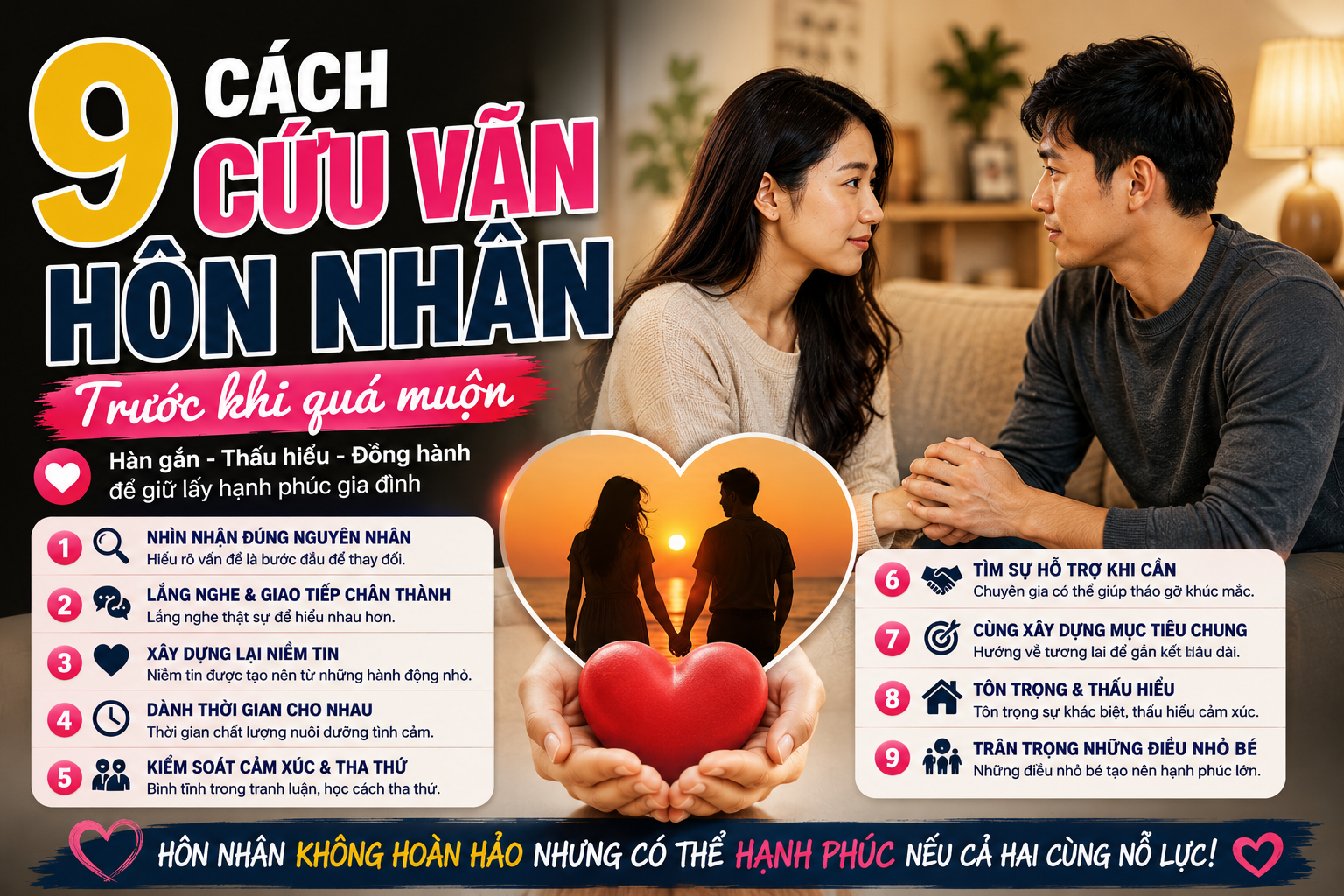 Cứu vãn hôn nhân không phải là điều bất khả thi. Tìm hiểu 9 giải pháp giúp hàn gắn tình cảm, xây dựng lại niềm tin và giữ gìn hạnh phúc gia đình trước khi quá muộn.
